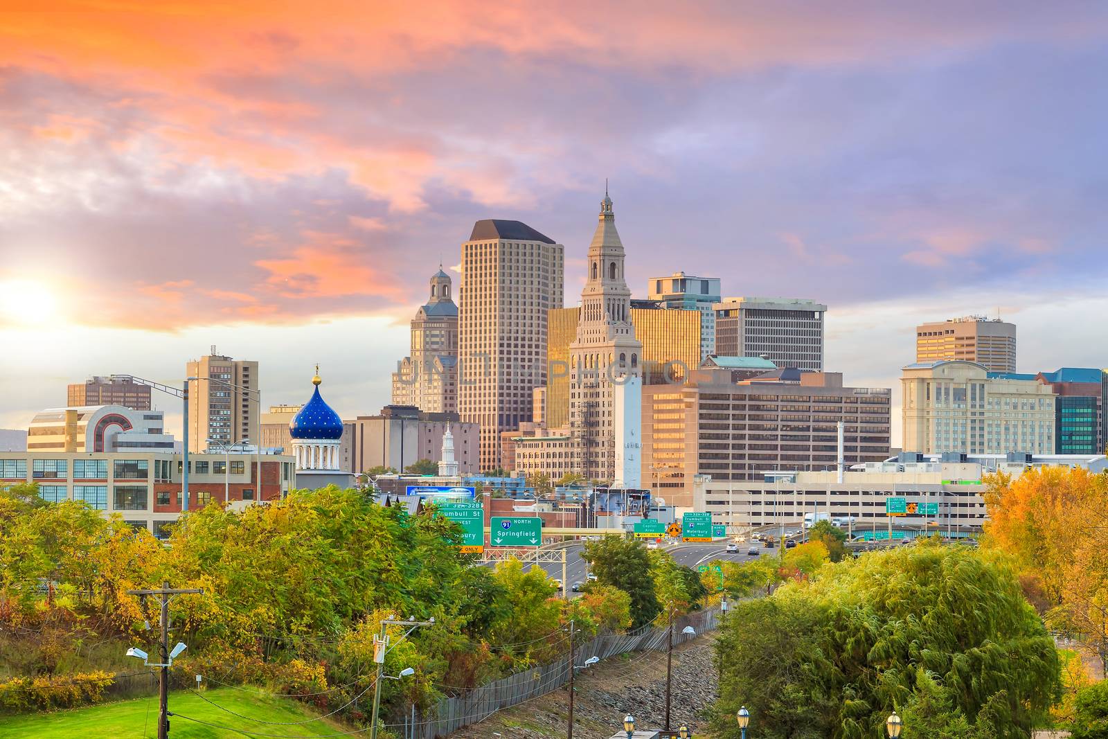 Skyline of downtown Hartford, Connecticut from above Charter Oak Landing at sunset.