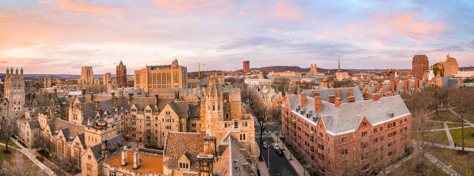 Historical building and Yale university campus in downtown New Haven CT, USA