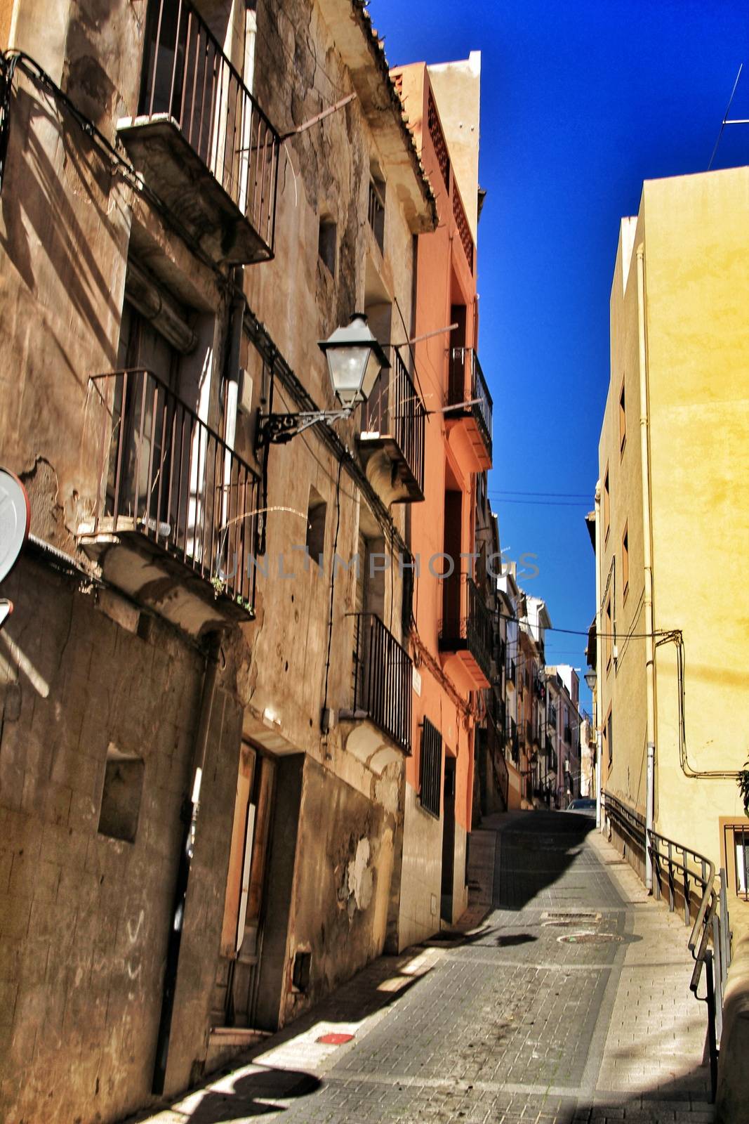 Narrow streets in Jijona village in Alicante province, Spain.