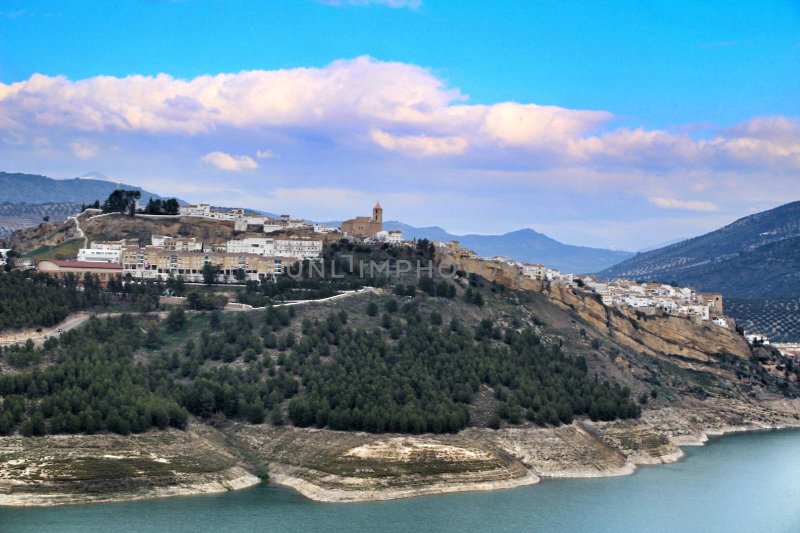 Spectacular views of the swamp, village and mountains of Iznajar in Cordoba, Spain