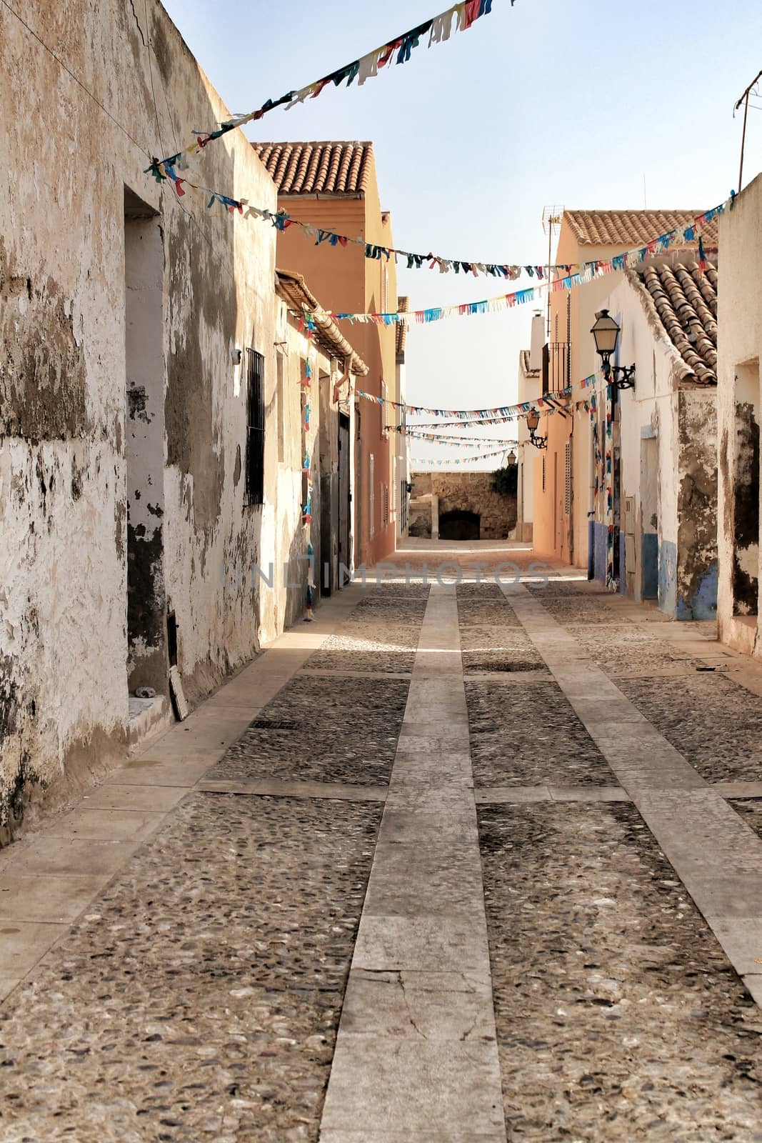 Streets of Tabarca Island in Alicante adorned by the festivity of the Virgen del Carmen