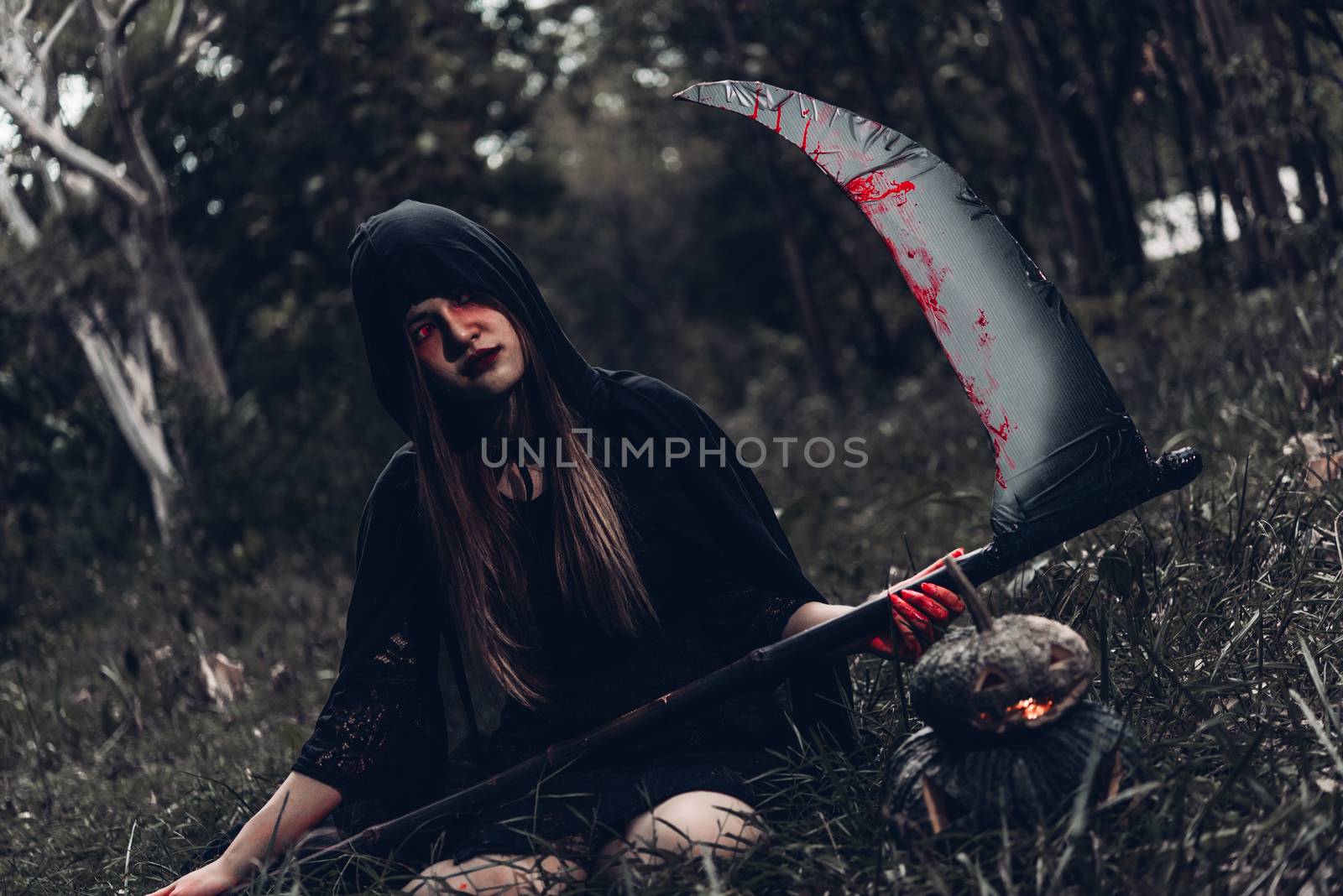 Portrait woman scary ghost in forest, halloween concept