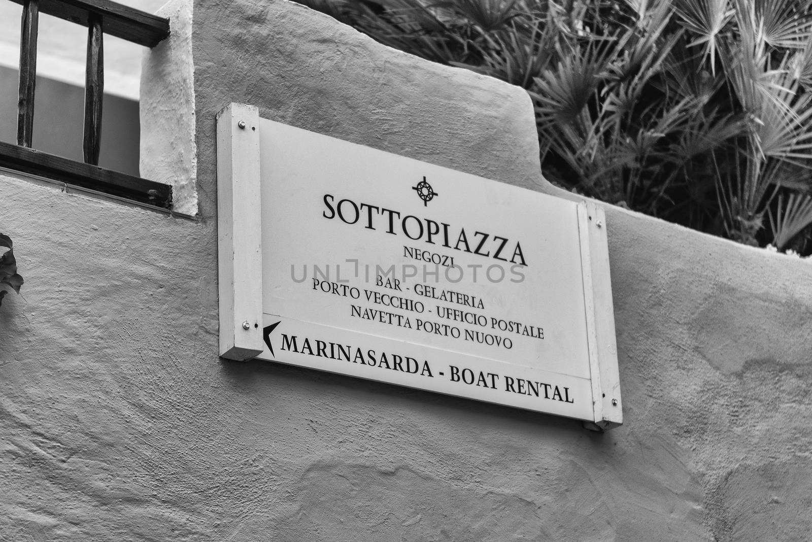 Street sign of Sottopiazza, luxury shopping district in Porto Cervo, Sardinia, Italy. The town is the iconic centre of Costa Smeralda