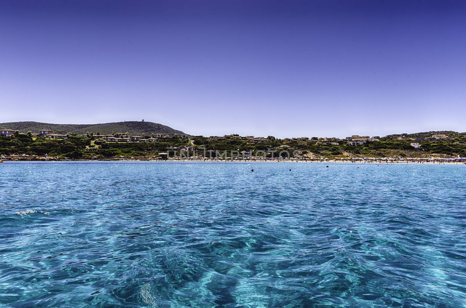Scenic view of La Pelosa beach, one of the most beautiful seaside places of the Mediterranean, located in the town of Stintino, northern Sardinia, Italy