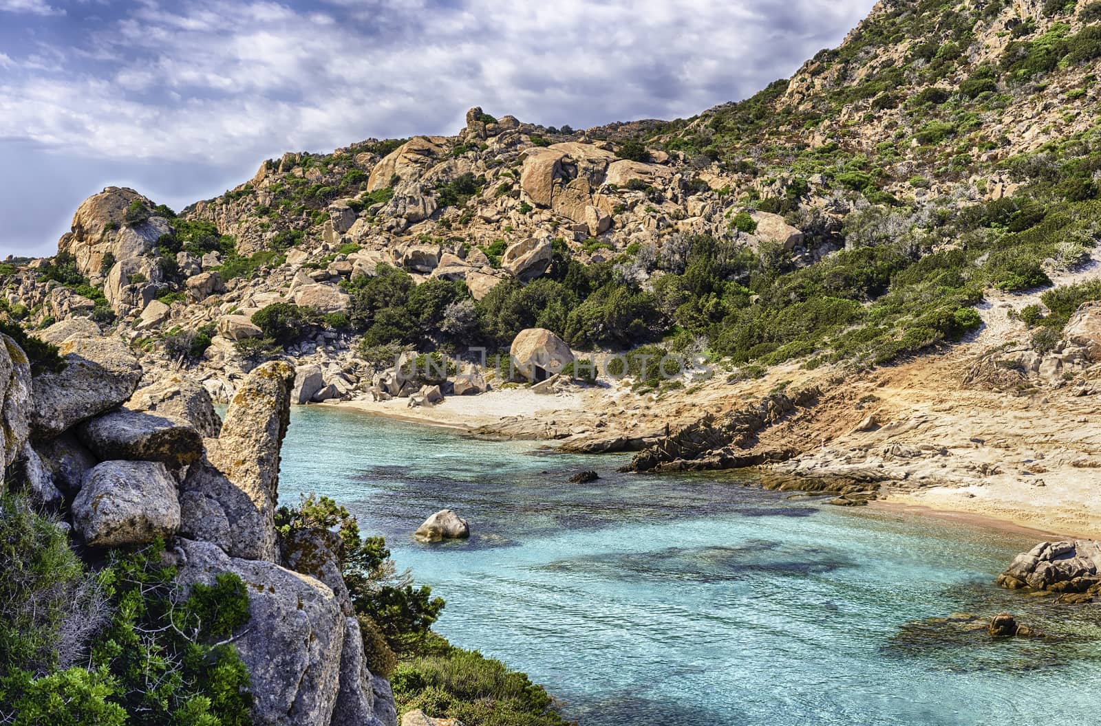 Scenic view over the picturesque Cala Corsara in the island of Spargi, one of the highlights of the Maddalena Archipelago, Sardinia, Italy