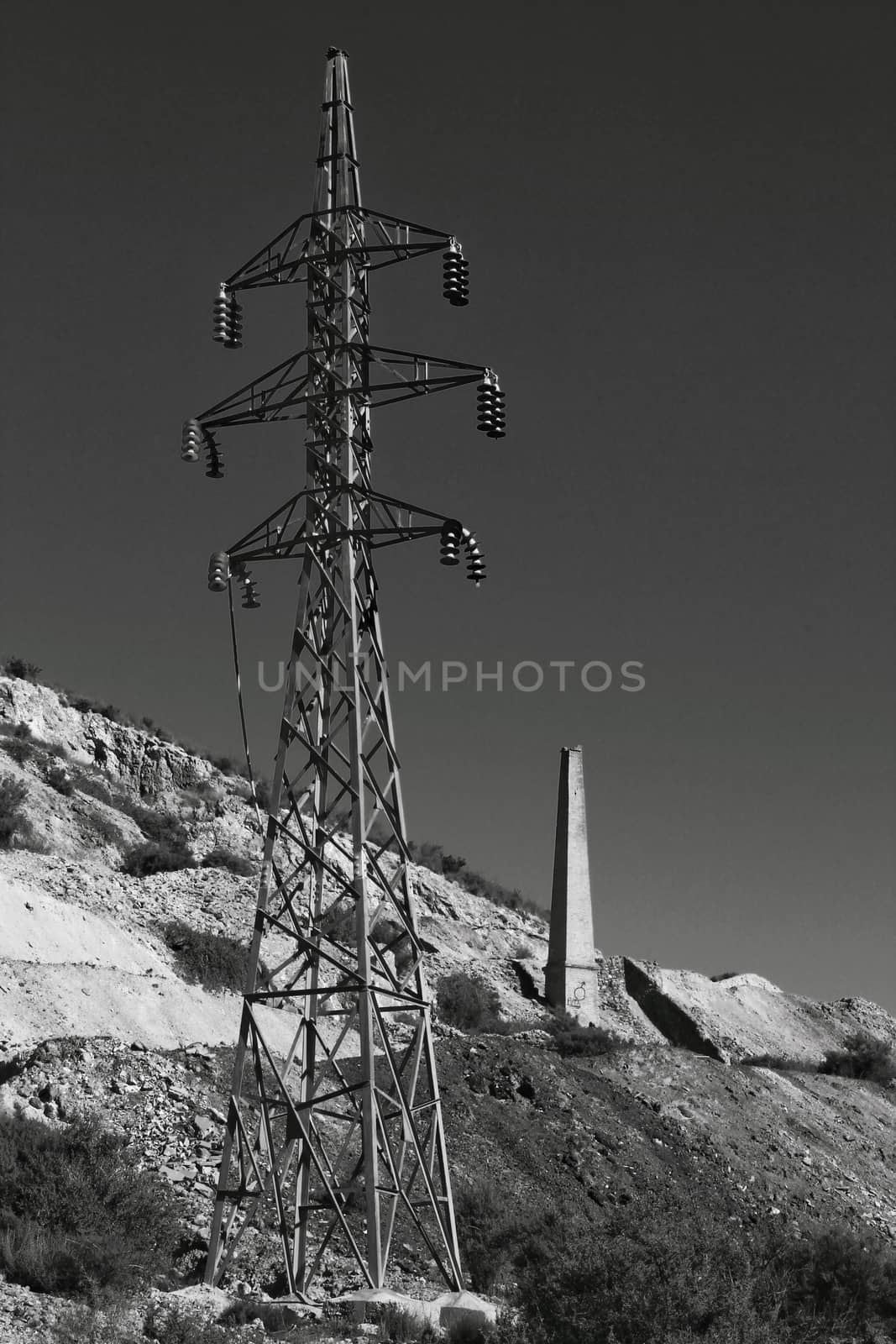 High voltage tower in an old abandoned quarry in Mazarron, Murcia, Spain