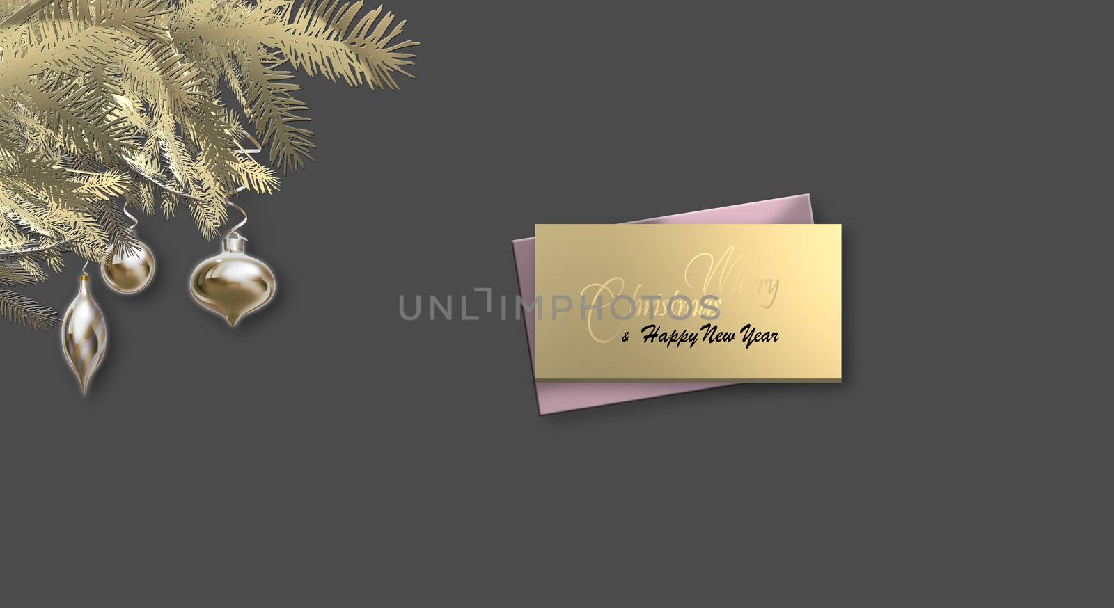 Christmas luxury banner. Gold Christmas fir, Xmas shiny balls baubles. Text Merry Christmas Happy New Year over gold label. Invitation, banner, frame. Place for text, mock up. 3D render