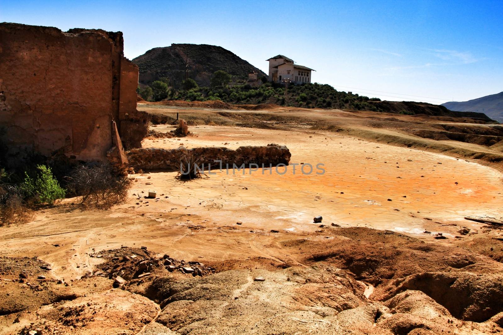 Sediments, rock formations and mineral streaks in an old abandoned quarry in Mazarron, Murcia, Spain