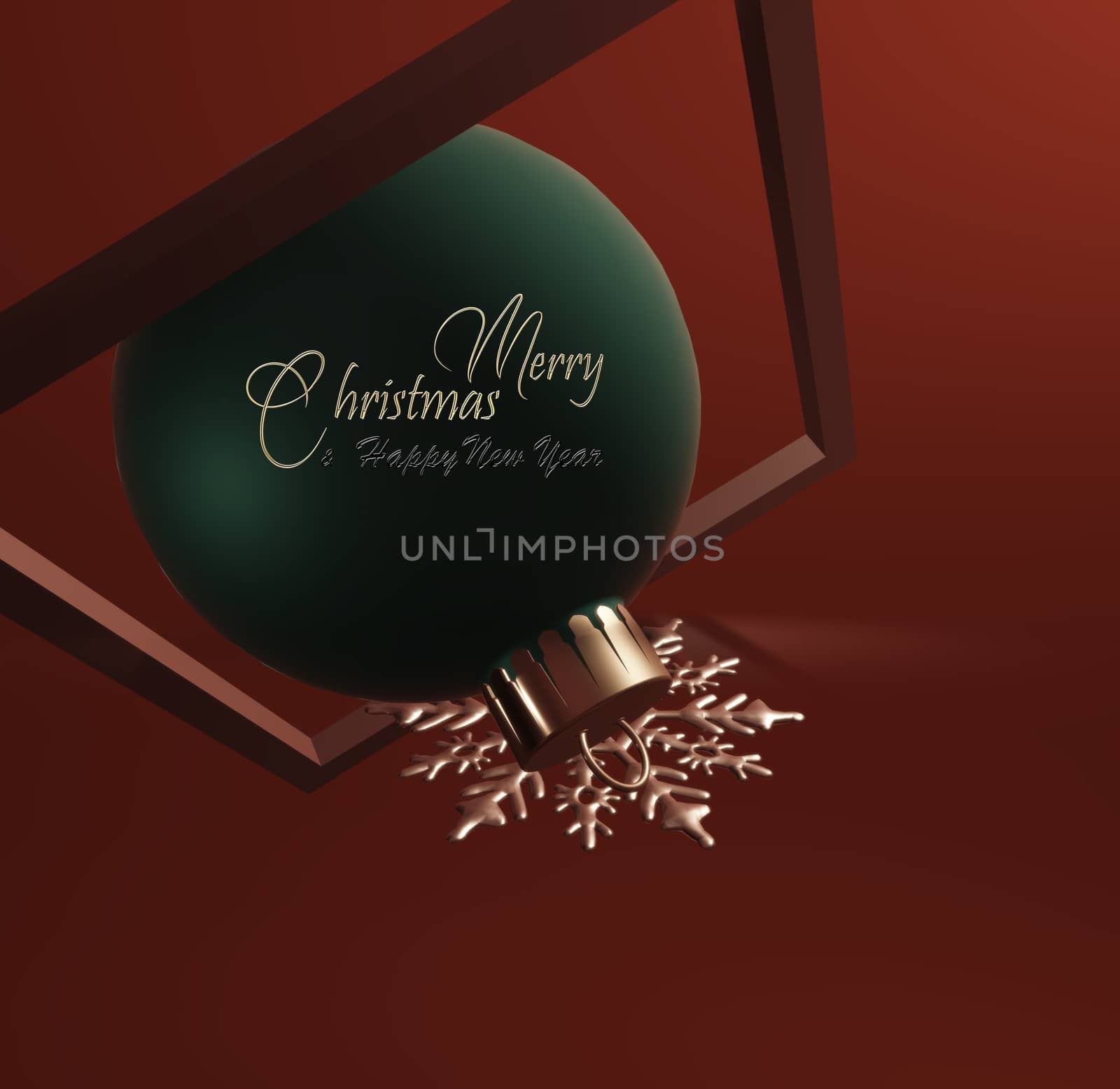 Christmas design. Realistic bauble ball with shiny snowflake and frame on dark red background under midnight light. Text Merry Christmas Happy New Year. 3D render. Invitation. Place for text