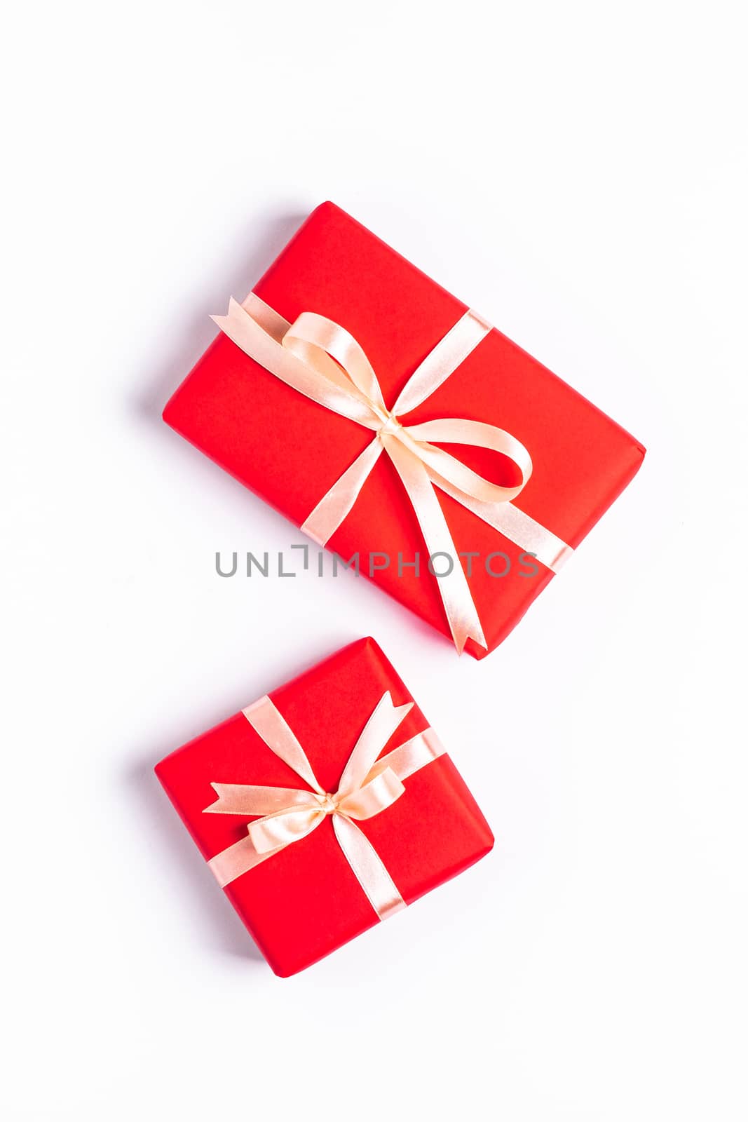 Christmas composition. Two red gift boxex, Winter holidays concept. Top view isolated