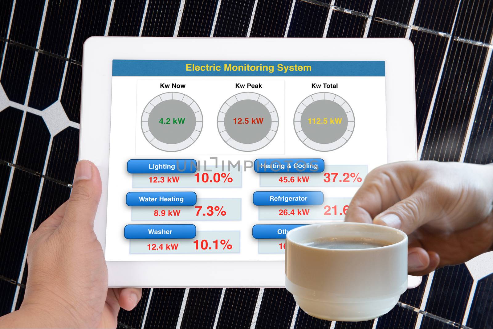 Hand holding tablet computer that showing simple application to monitoring energy usage while another hand holding coffee cup. 
