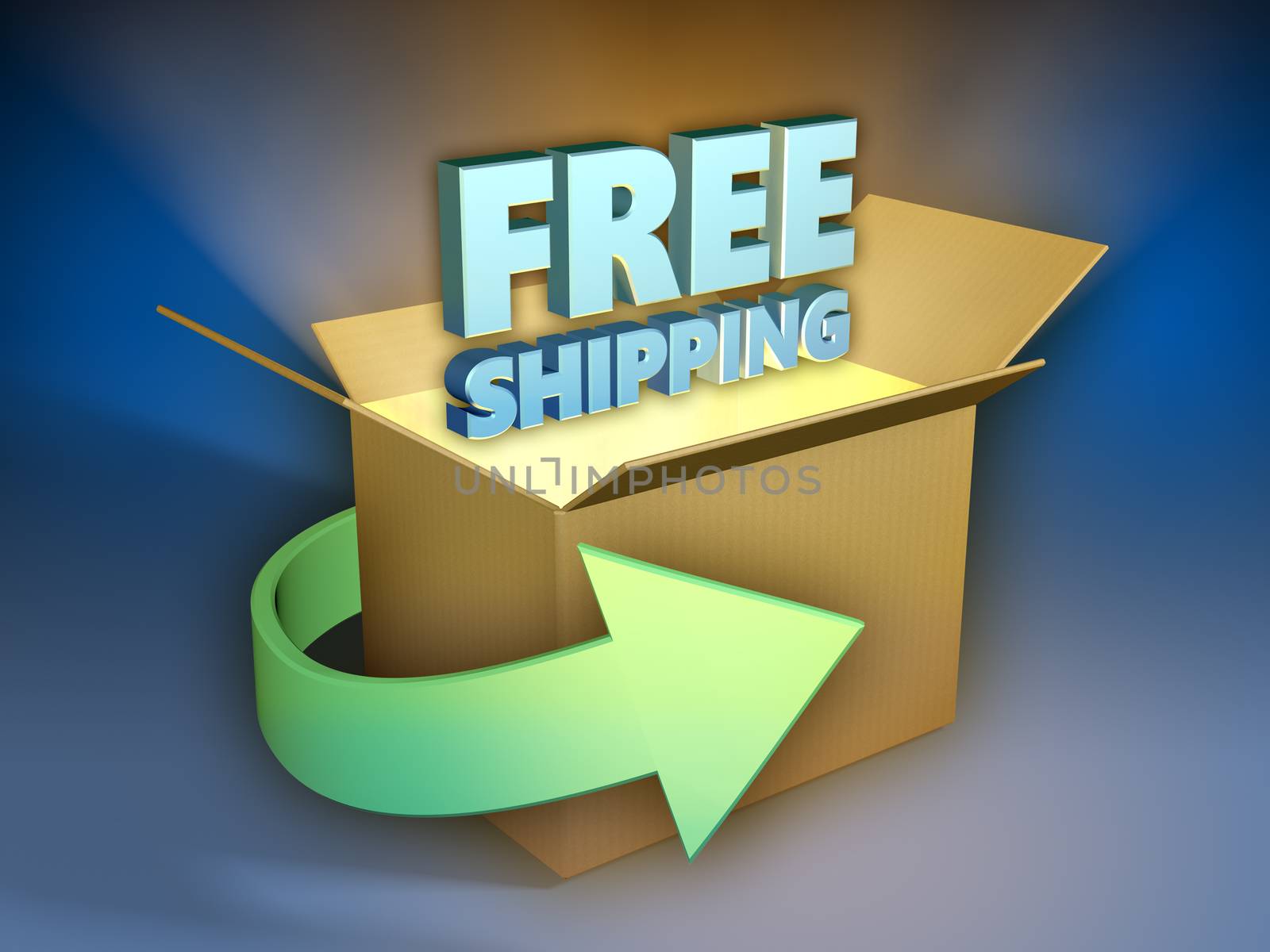 Free shipping 3d text coming out of a shipment box. 3D illustration.