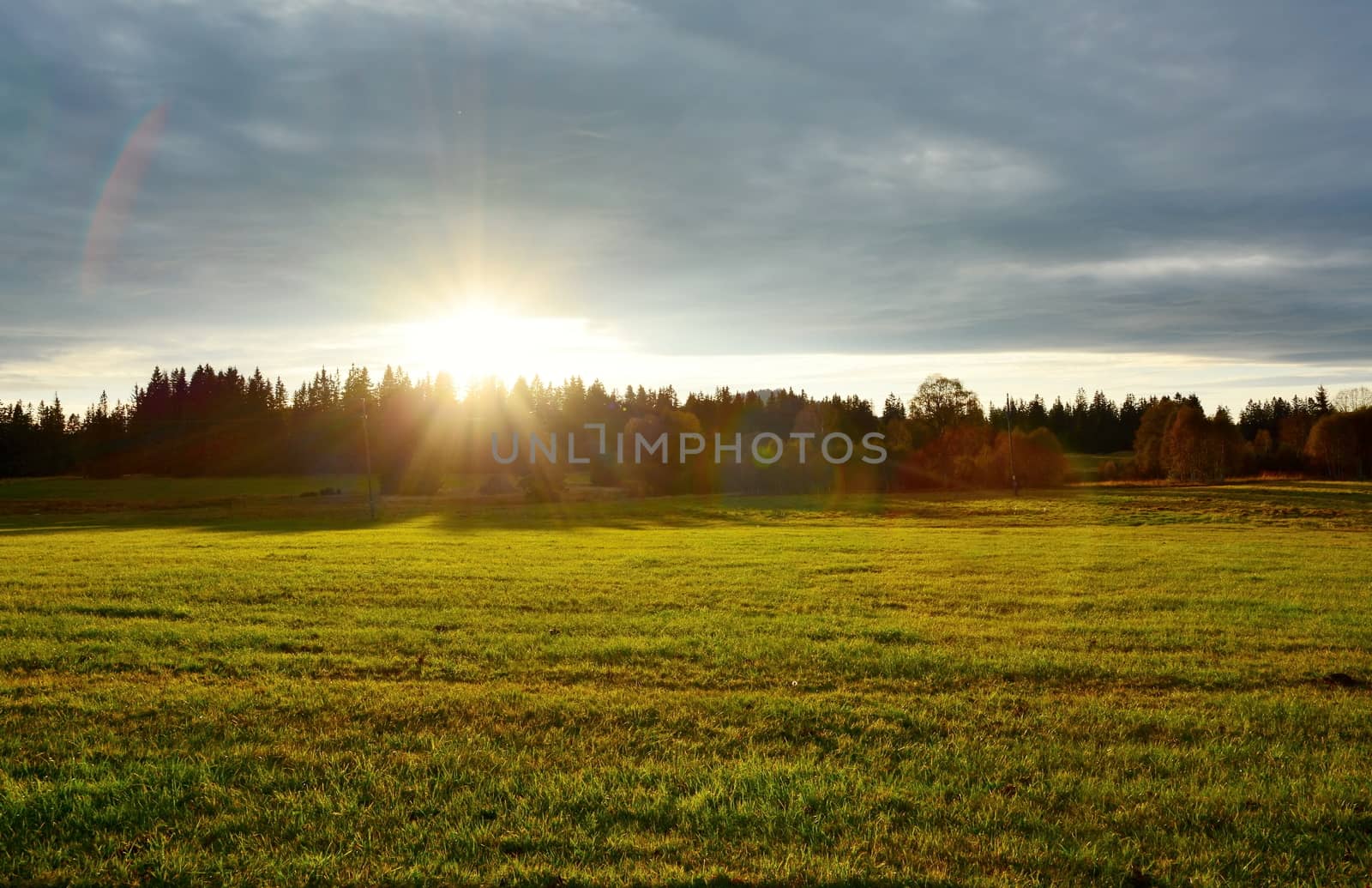 Beautiful sunset over meadow and forest near Kvilda village in Sumava National Park landscape.