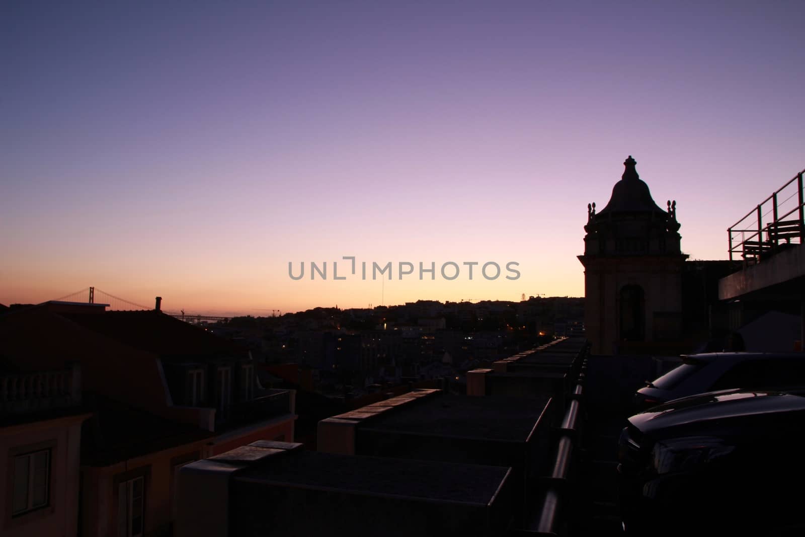 Beautiful sunset on a roof in Lisbon in winter
