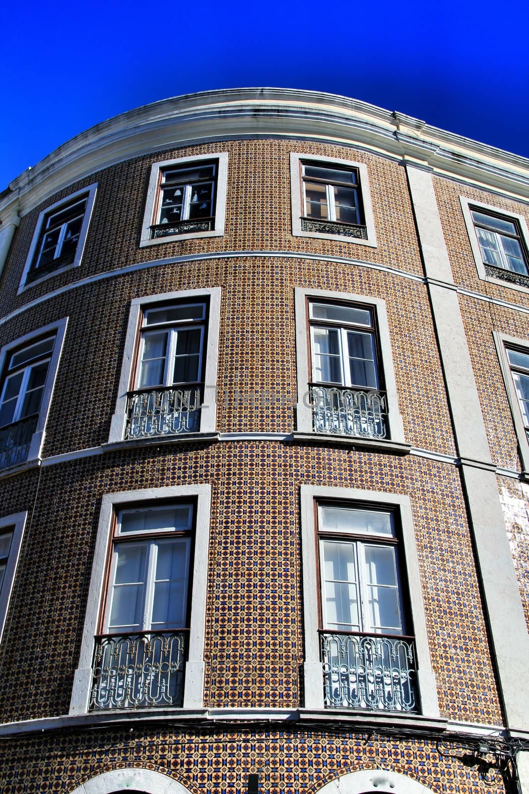 Old colorful and majestic tiled facades with vintage streetlight in Lisbon streets in Spring.