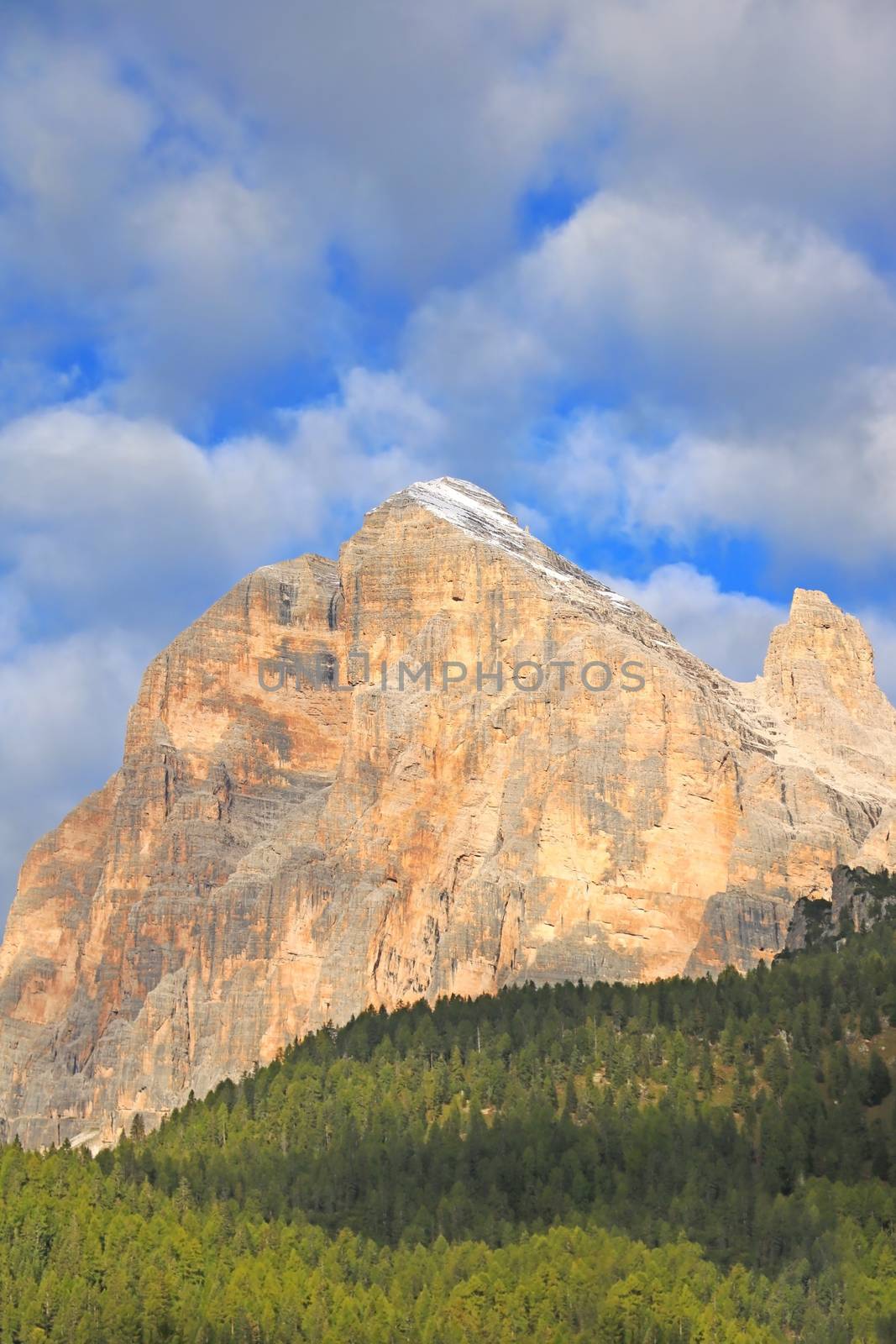 Beautiful Dolomites in Italy. Clear day with blue sky. Mountains are illuminated by the rays of the sun. Clean fresh air. Selective focus. by kip02kas