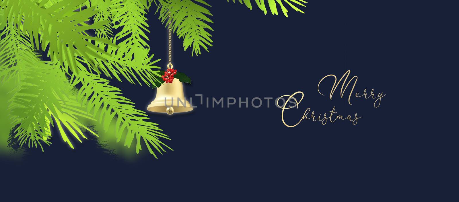 Merry Christmas background. Christmas fir, hanging gold Xmas bell over dark blue background. Gold text Merry Christmas. 3D illustration