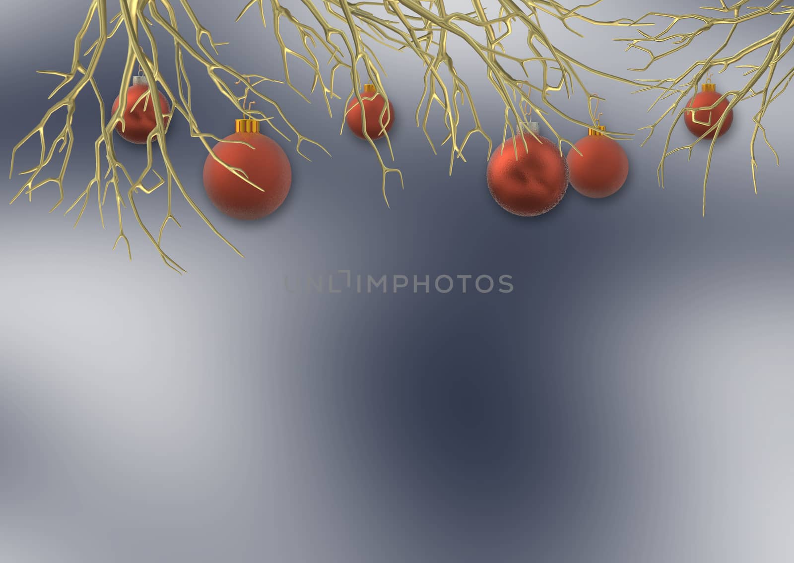 Christmas background with realistic frosted red balls baubles hanging on gold branches over dark blue background with snow. 3D illustration, Place for text, invitaiton, festive card