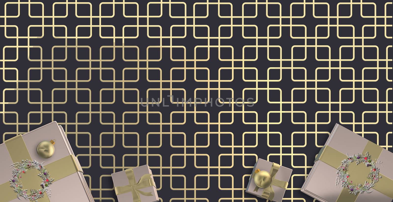 Elegant Christmas design in pink gold colour with Xmas gift boxes decorated by floral wreath, balls on art deco gold black. Copy space, place for text, mock. 3D illustration