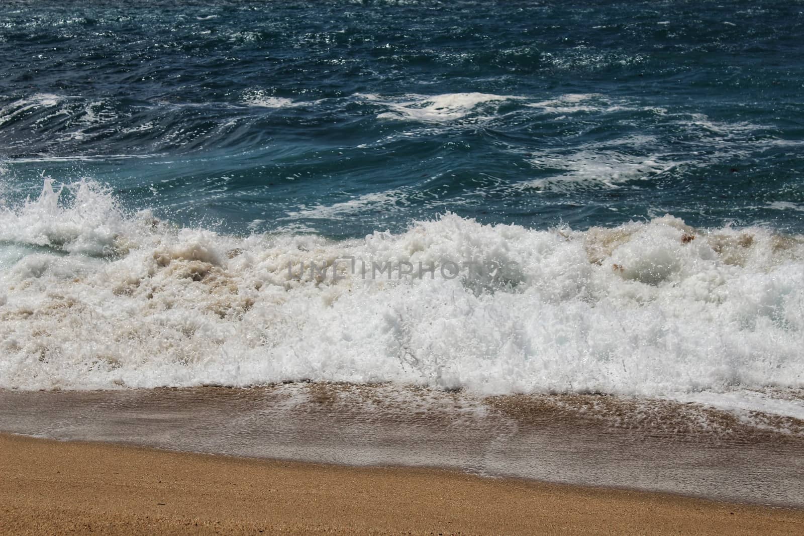 Crystal clear and wild waters in Praia da Foz, Sesimbra, Portugal. Golden sand , seagulls flying, Cliffs and rock formation