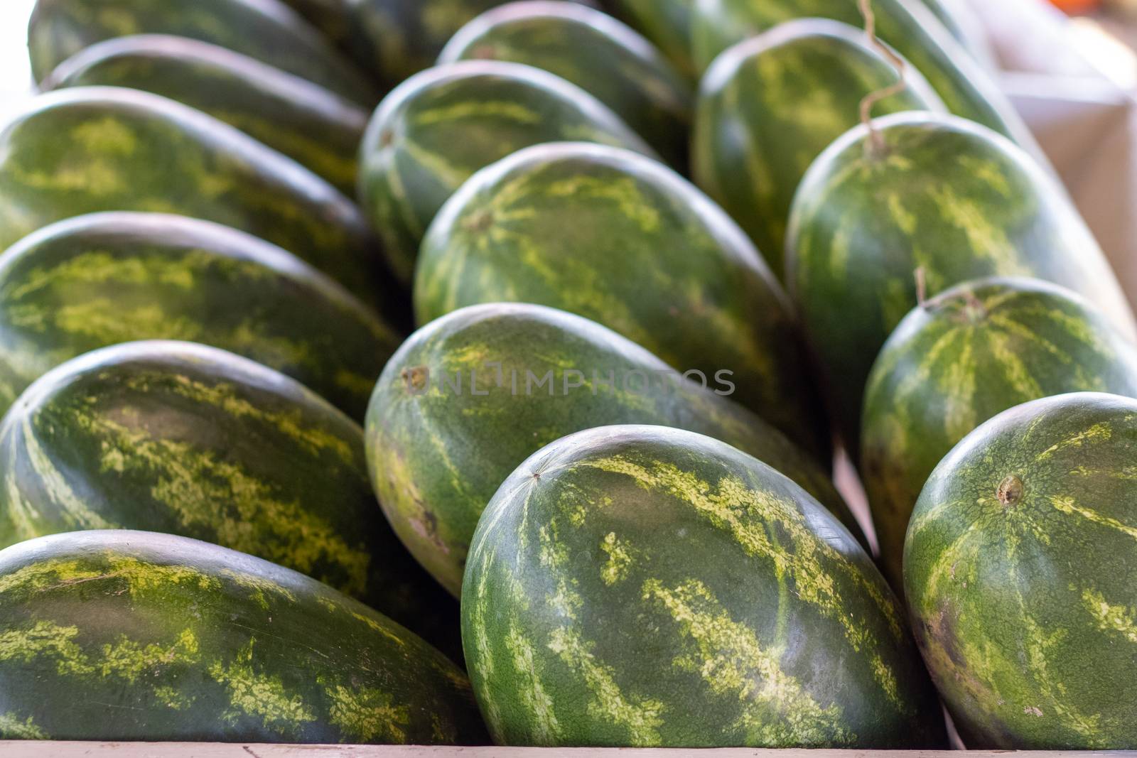 High angle view of rows of Watermelons in the Farmers Market . High quality photo