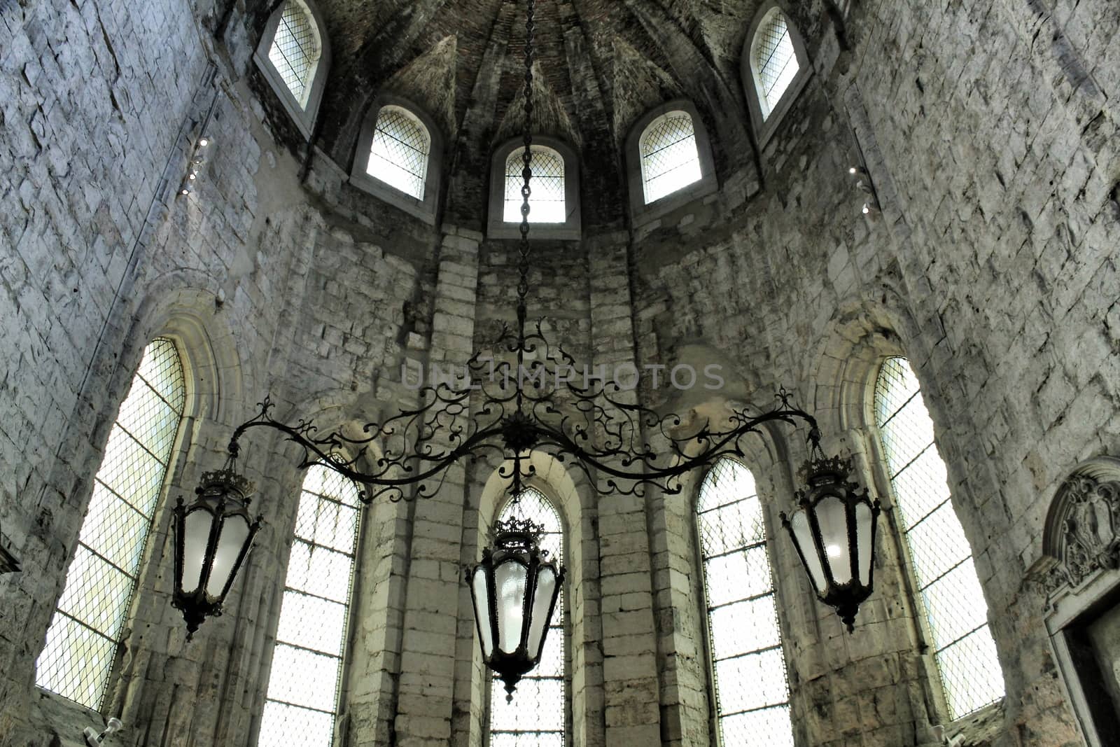 Arcades, pillars windows and details of Do Carmo convent in Lisbon, Portugal