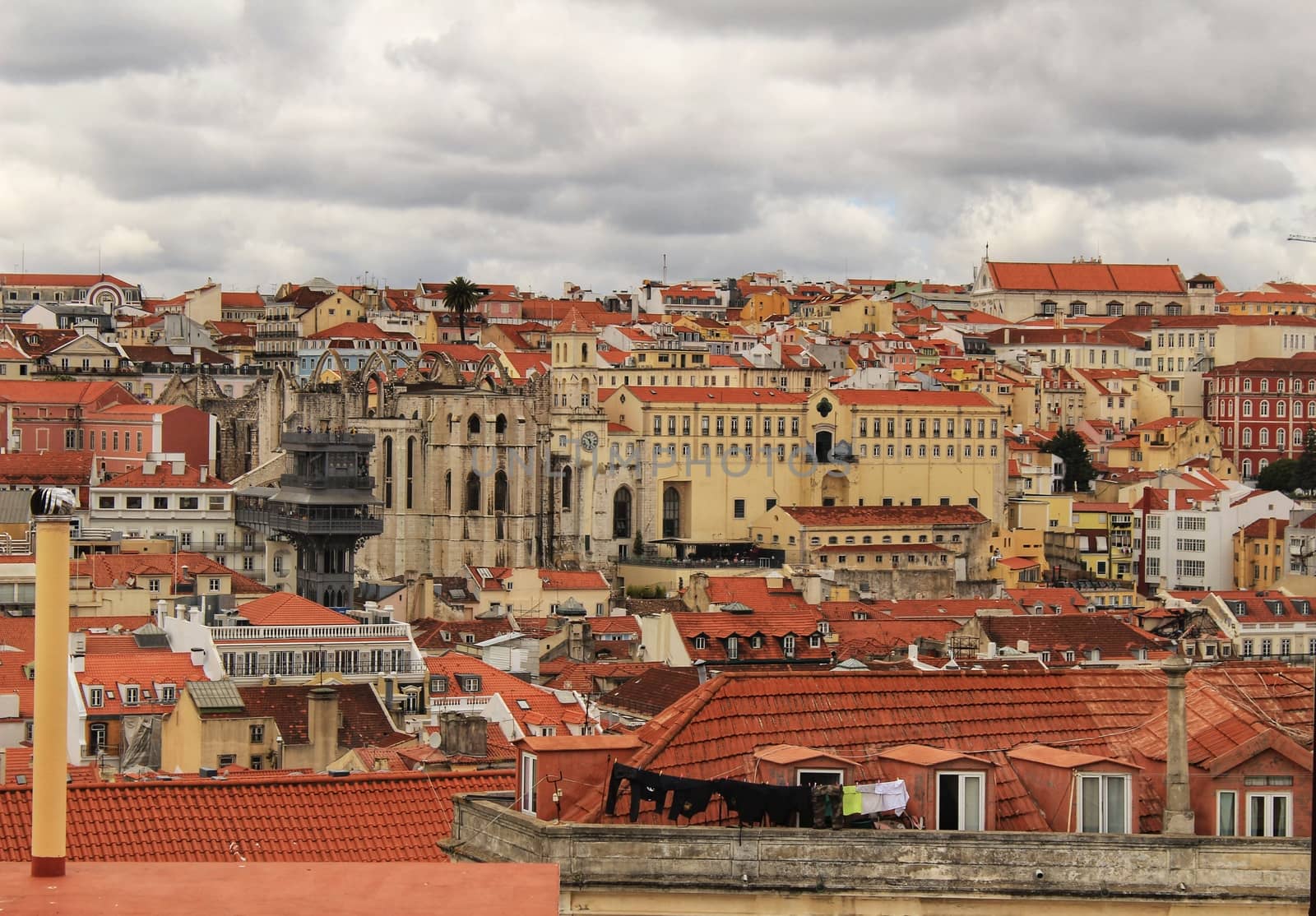 Panoramic of Lisbon city from the Castle of San Jorge on a cloudy day in Spring