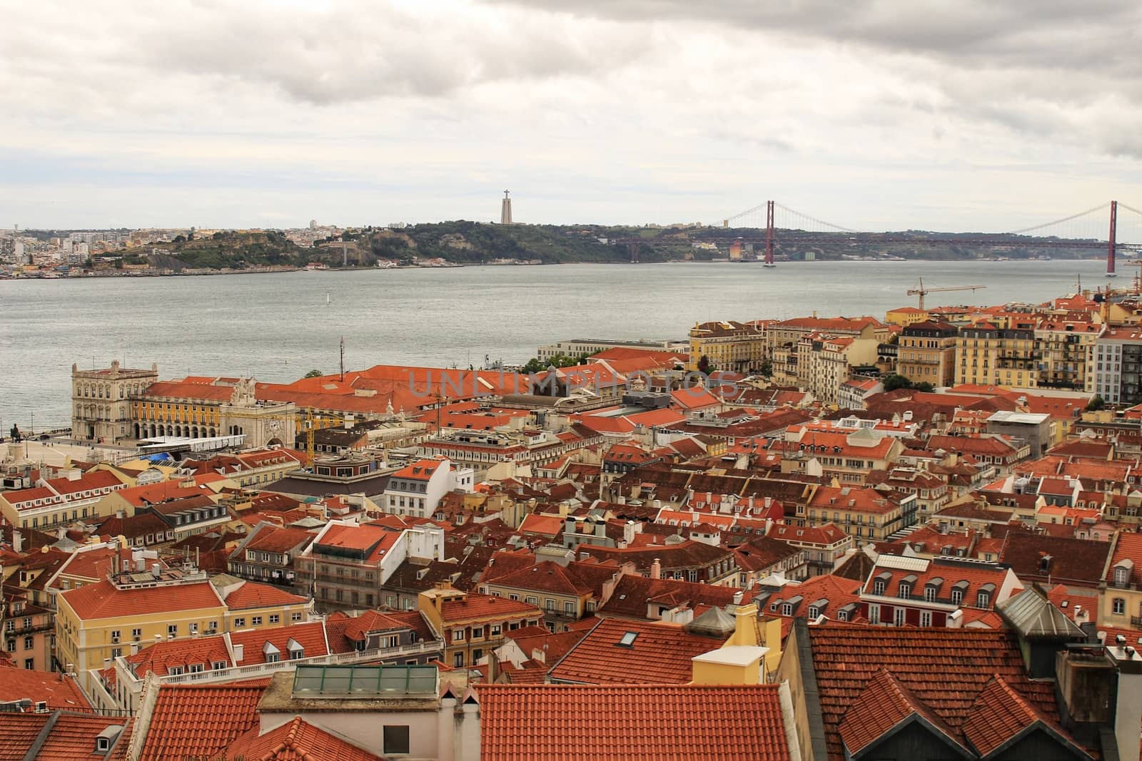 Panoramic of Lisbon city from the Castle of San Jorge on a cloudy day in Spring