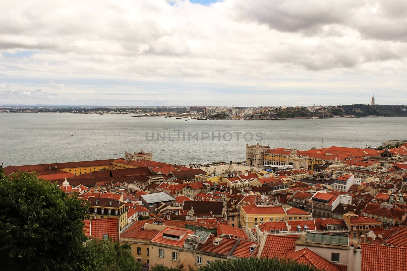 Panoramic of Lisbon city from the Castle of San Jorge on a cloudy day in Spring