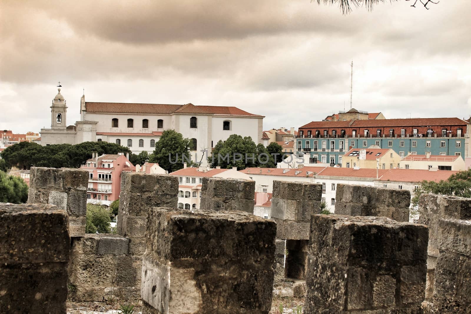 Panoramic of Lisbon city from the Castle of San Jorge on a cloudy day in Spring