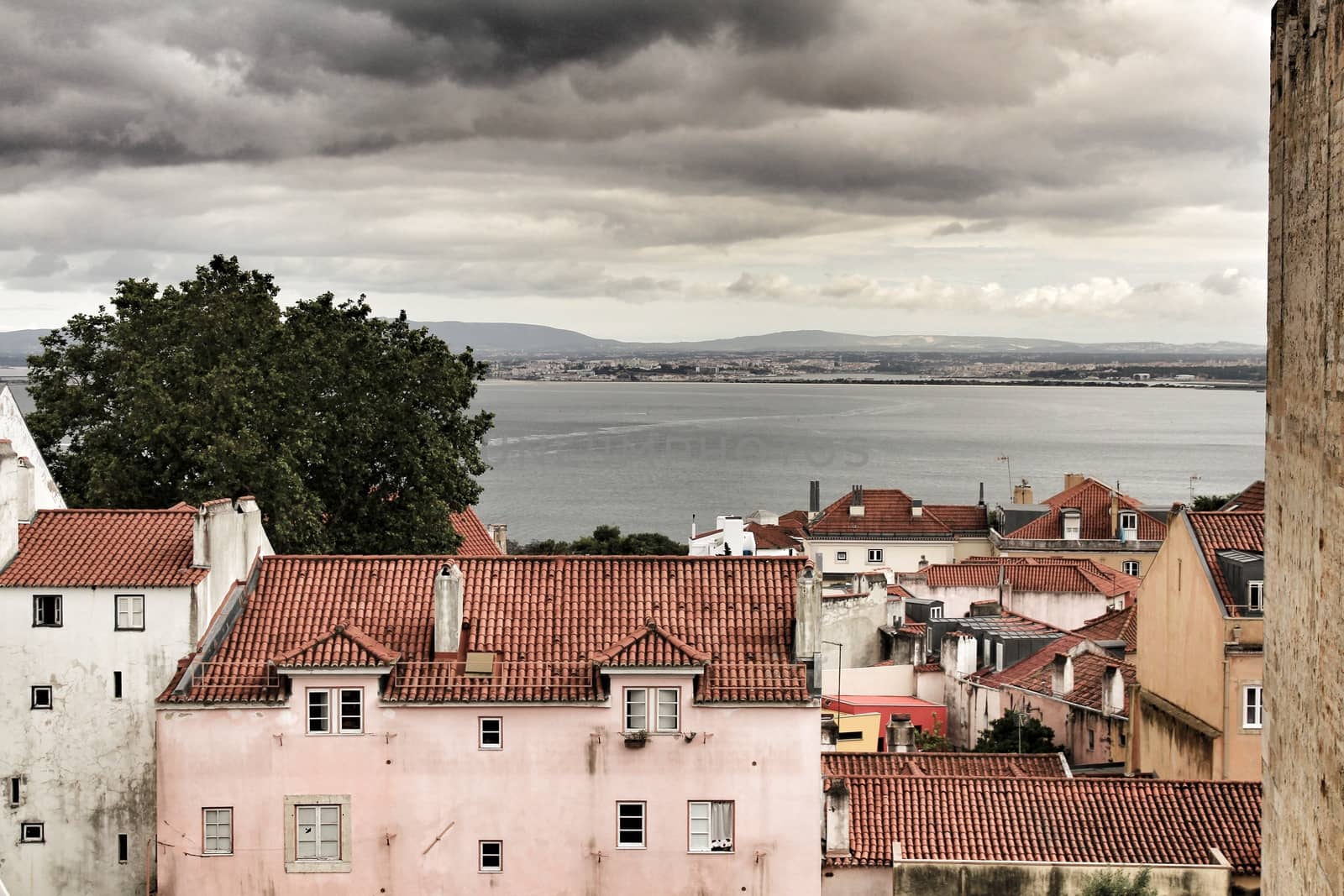 Panoramic of Lisbon city from the Castle of San Jorge on a cloudy day in Spring