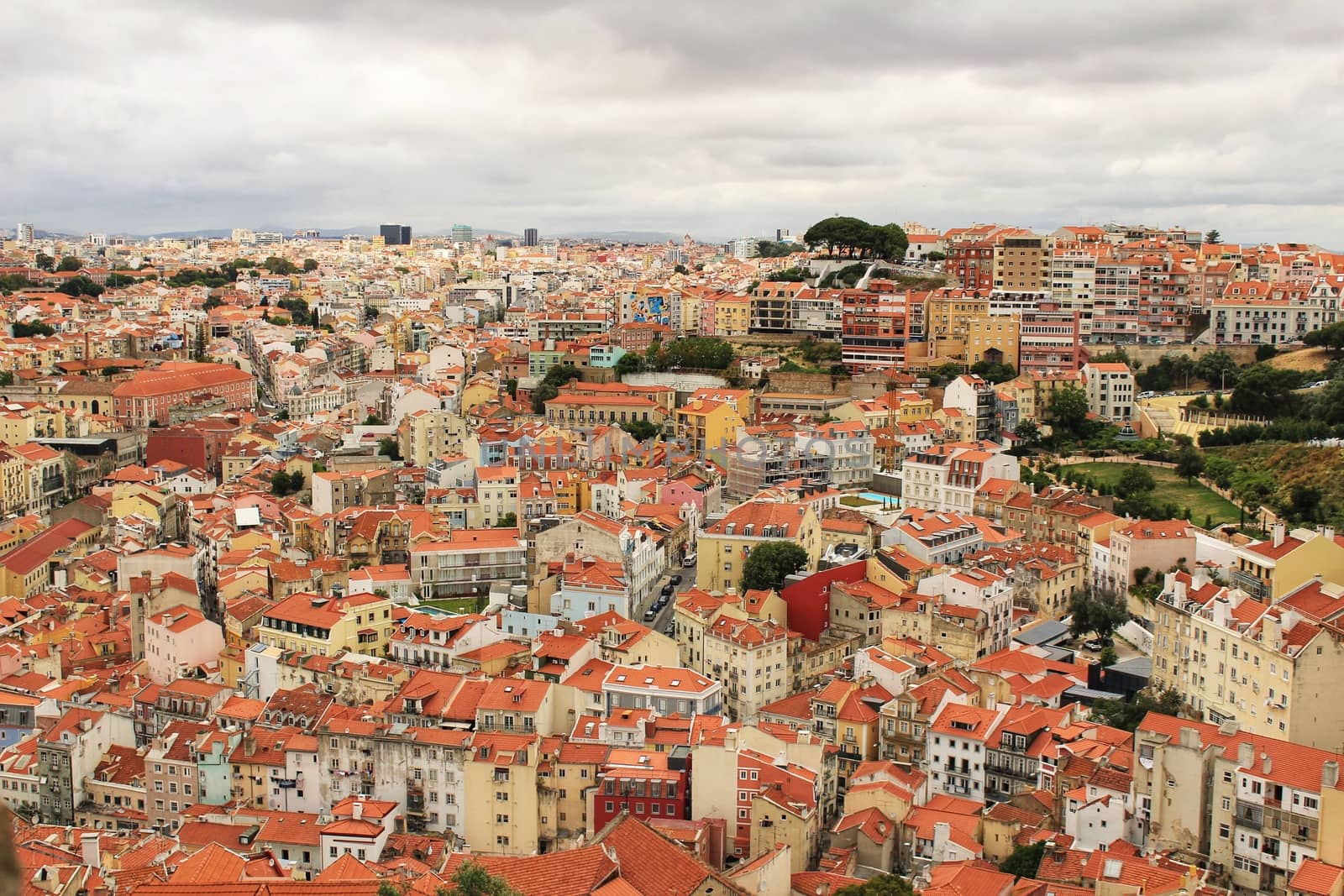 Panoramic of Lisbon city from the Castle of San Jorge on a cloudy day in Spring