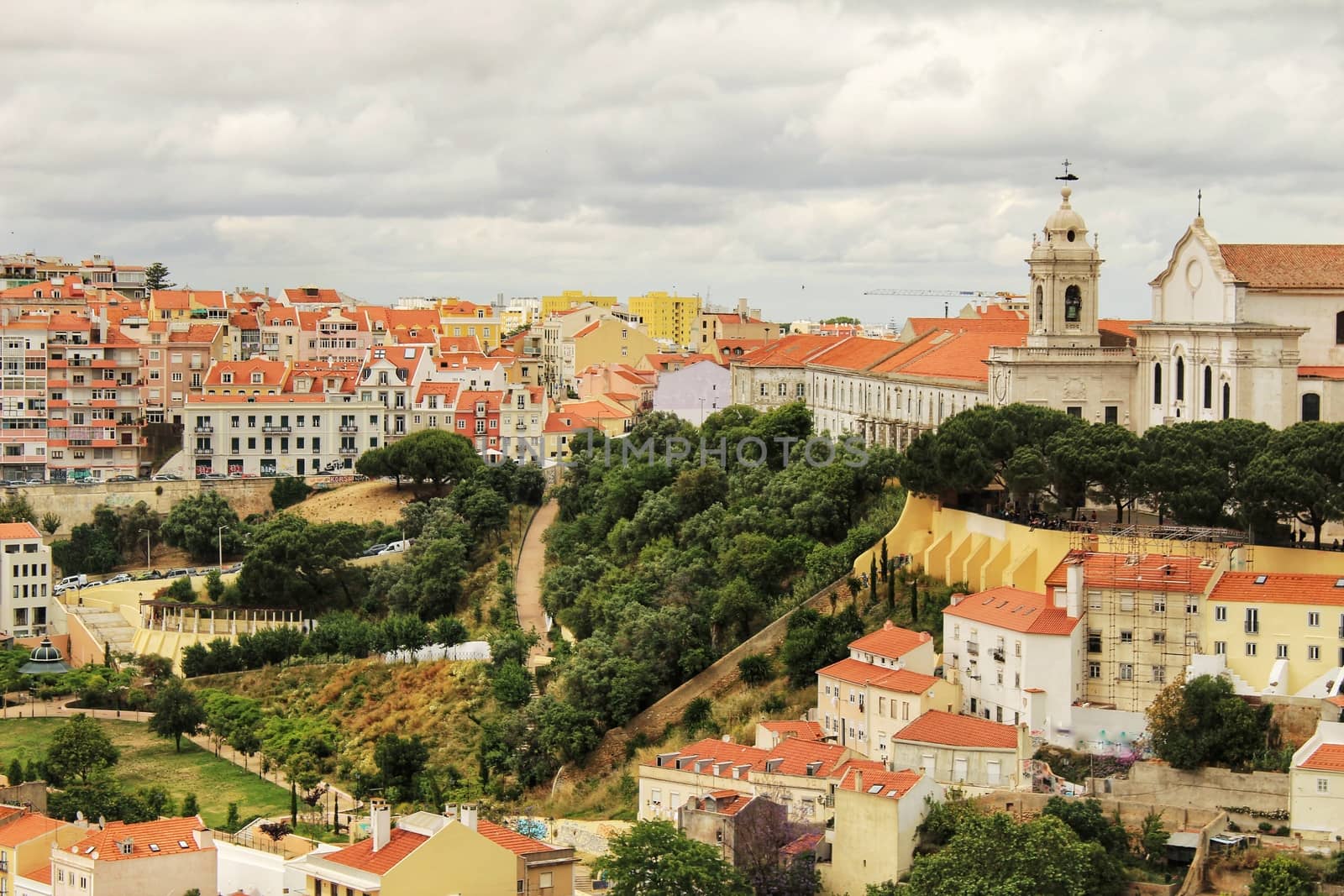 Panoramic of Lisbon city from the Castle of San Jorge on a cloudy day in Spring