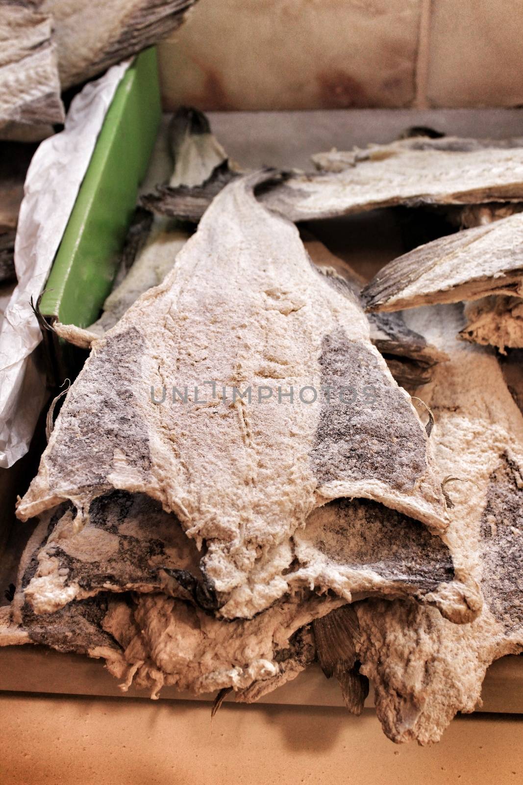 Pieces of salted cod for sale in a market in Lisbon, Portugal