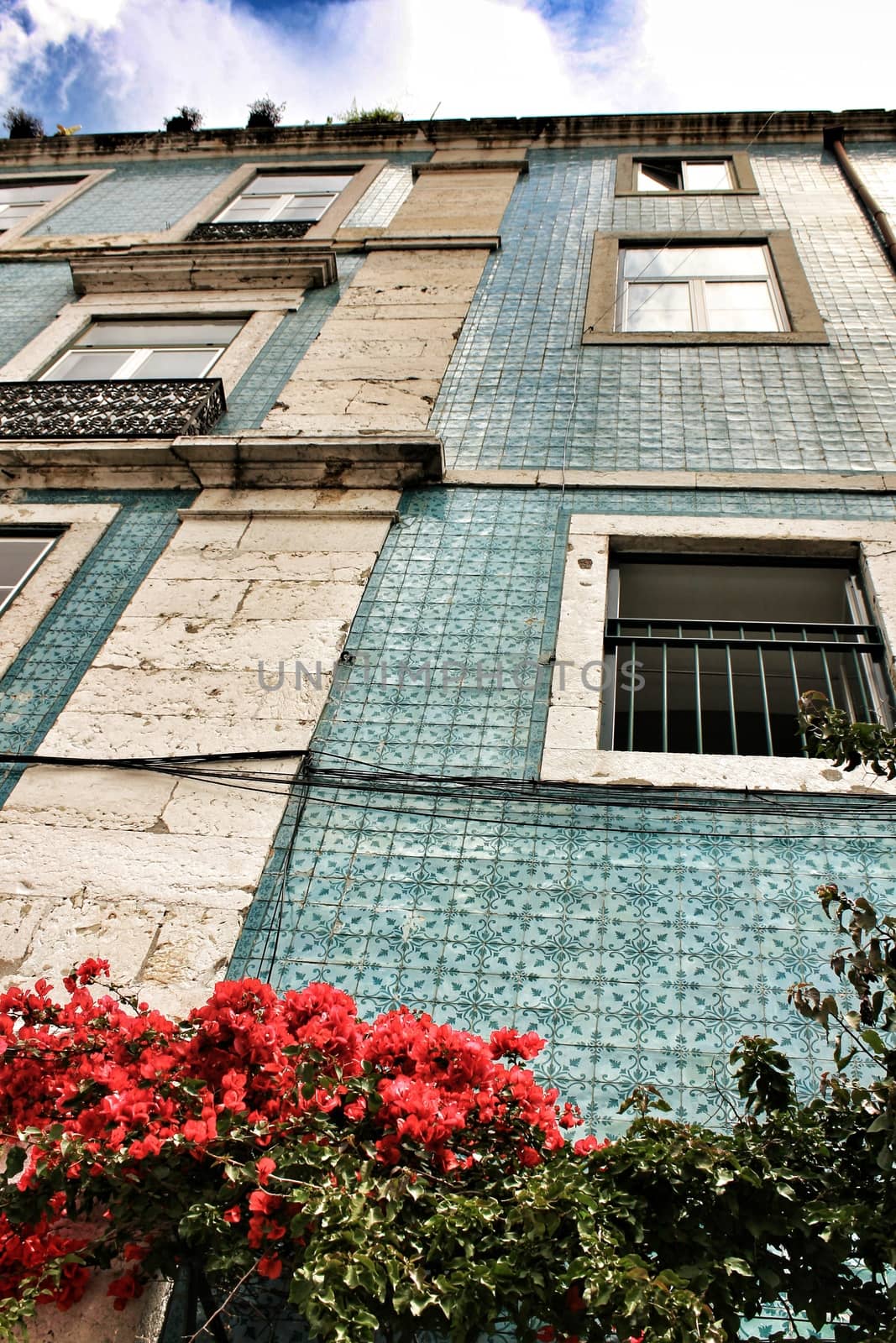 Old colorful and majestic tiled facades with vintage streetlight in Lisbon streets in Spring.