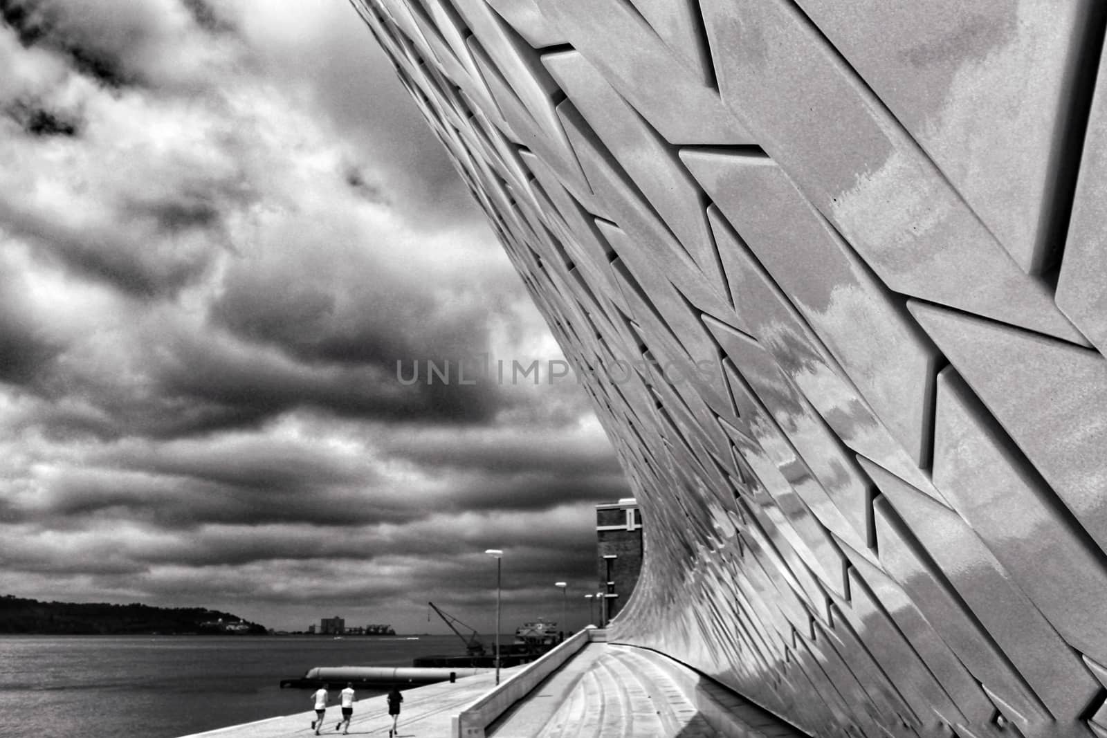 Beautiful ceramic wall texture of the Maat Museum in Lisbon.Monochrome photography.