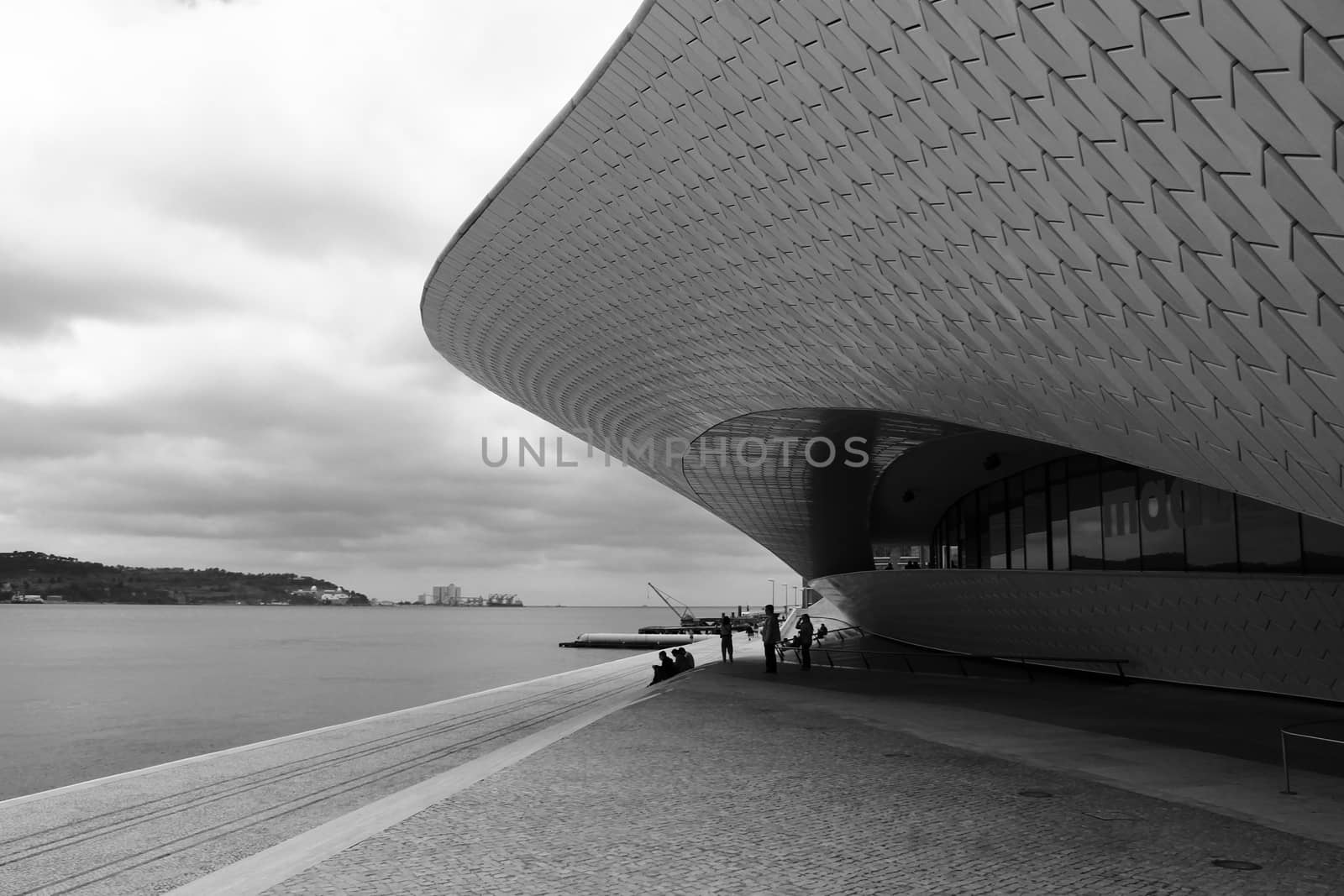 Lisbon, Portugal- June 3, 2018: Beautiful ceramic wall texture of next to the Tagus River in Lisbon.Monochrome photography.