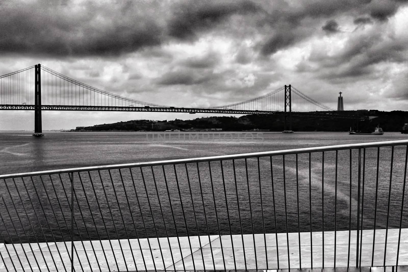 Beautiful views of the Tagus River from the top of The Maat Museum. Monochrome photography.