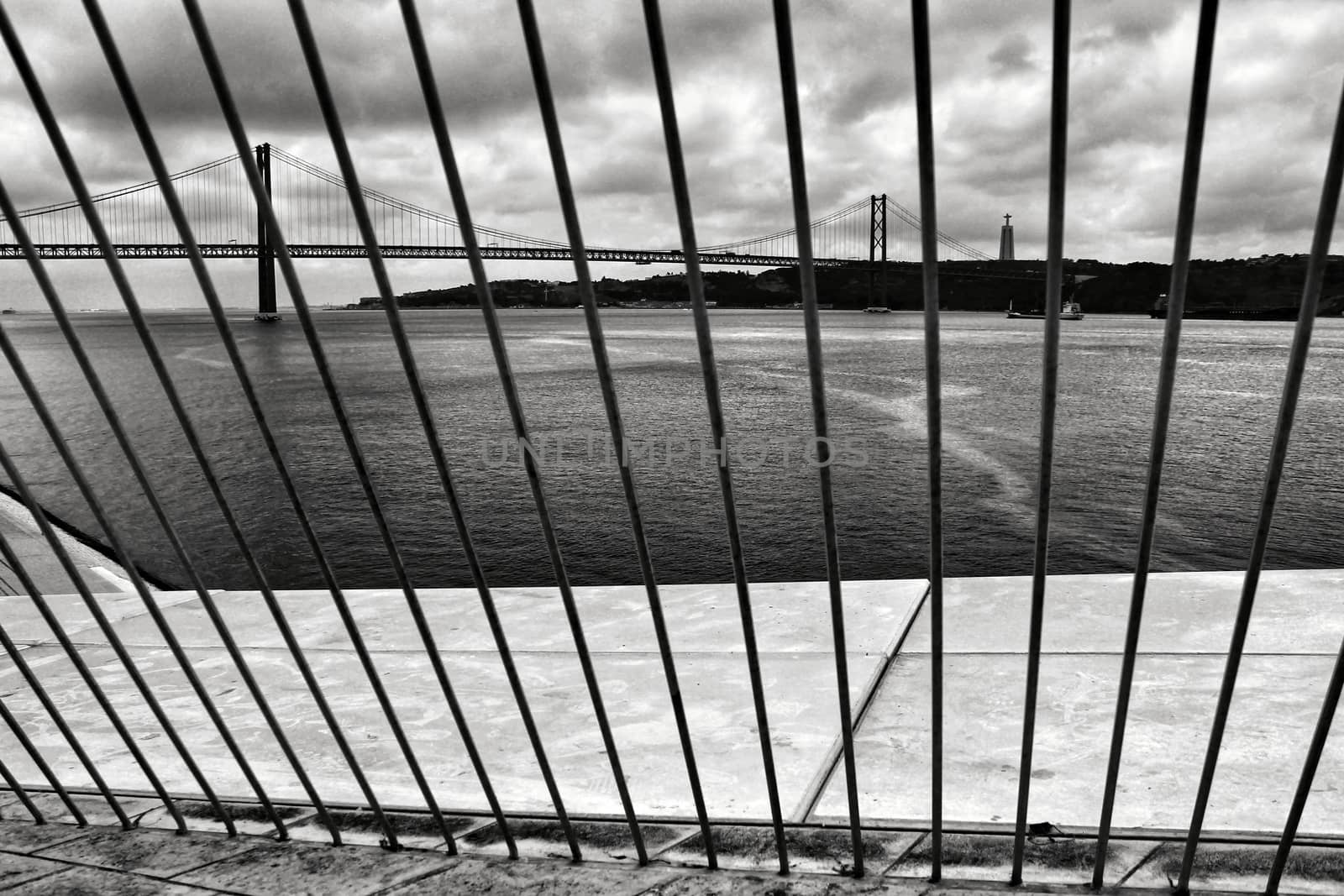 Beautiful views of the Tagus River from the top of The Maat Museum. Monochrome photography.