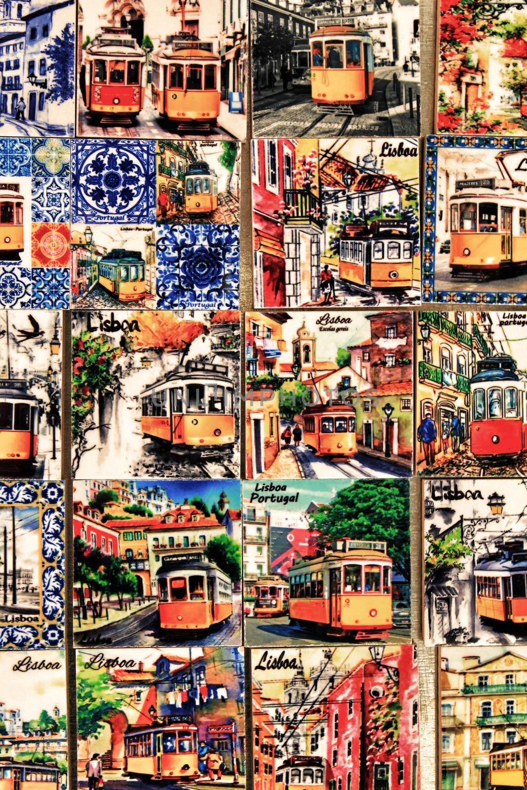 Fridge souvenir magnets imitating portuguese tiles with trams by soniabonet
