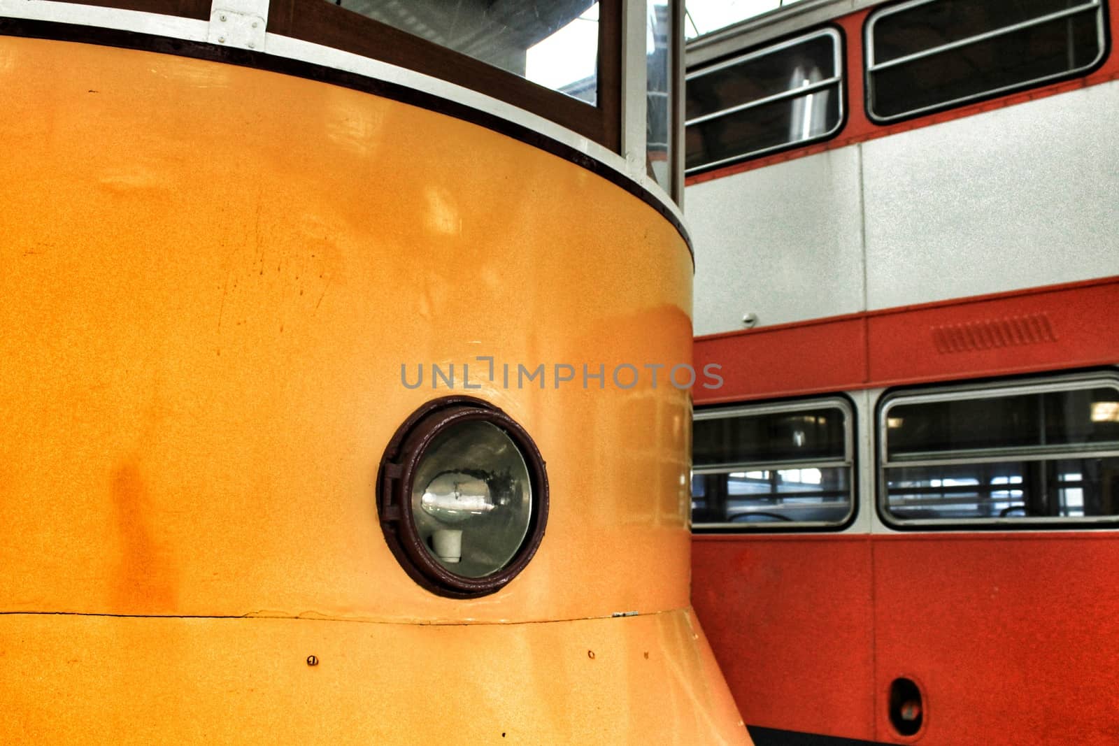 Lisbon, Portugal- June 14, 2018:Old and colorful vintage trams in a museum in Lisbon