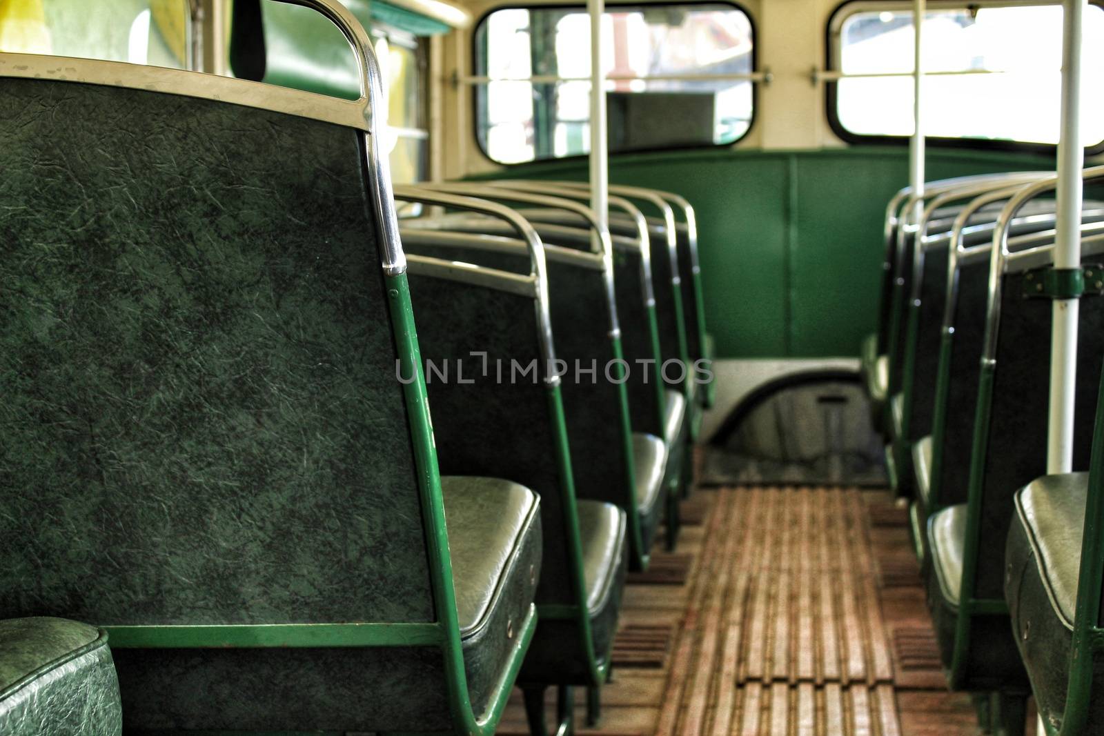 Lisbon, Portugal- June 15, 2018: Old and colorful inside passenger bus at an exhibition.