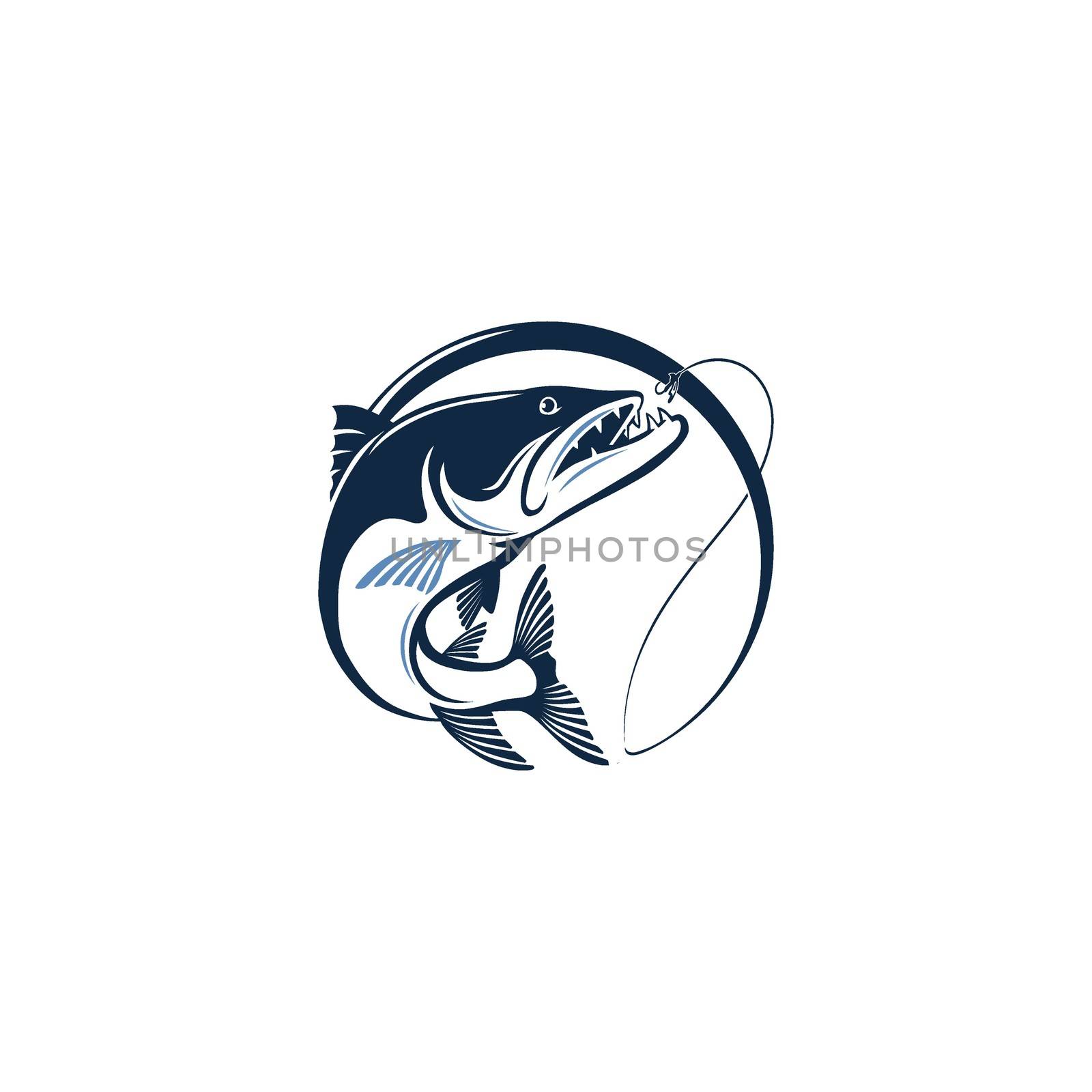 fishing business logo template. monster fish vintage design illustration.