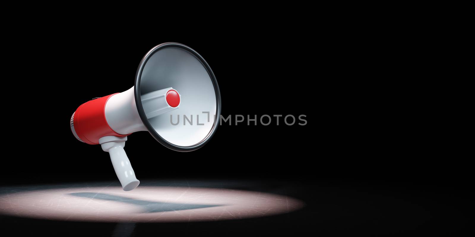 Red and White Bullhorn Spotlighted on Black Background with Copy Space 3D Illustration