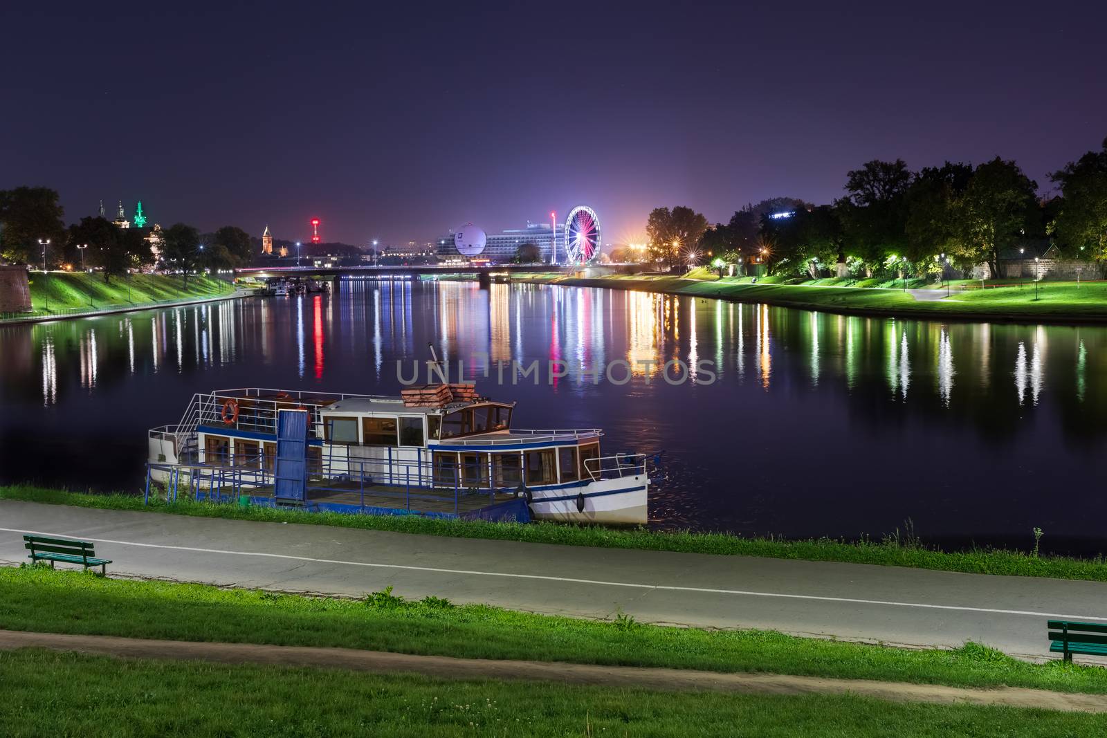 Night scene riverbank In Krakow, Poland