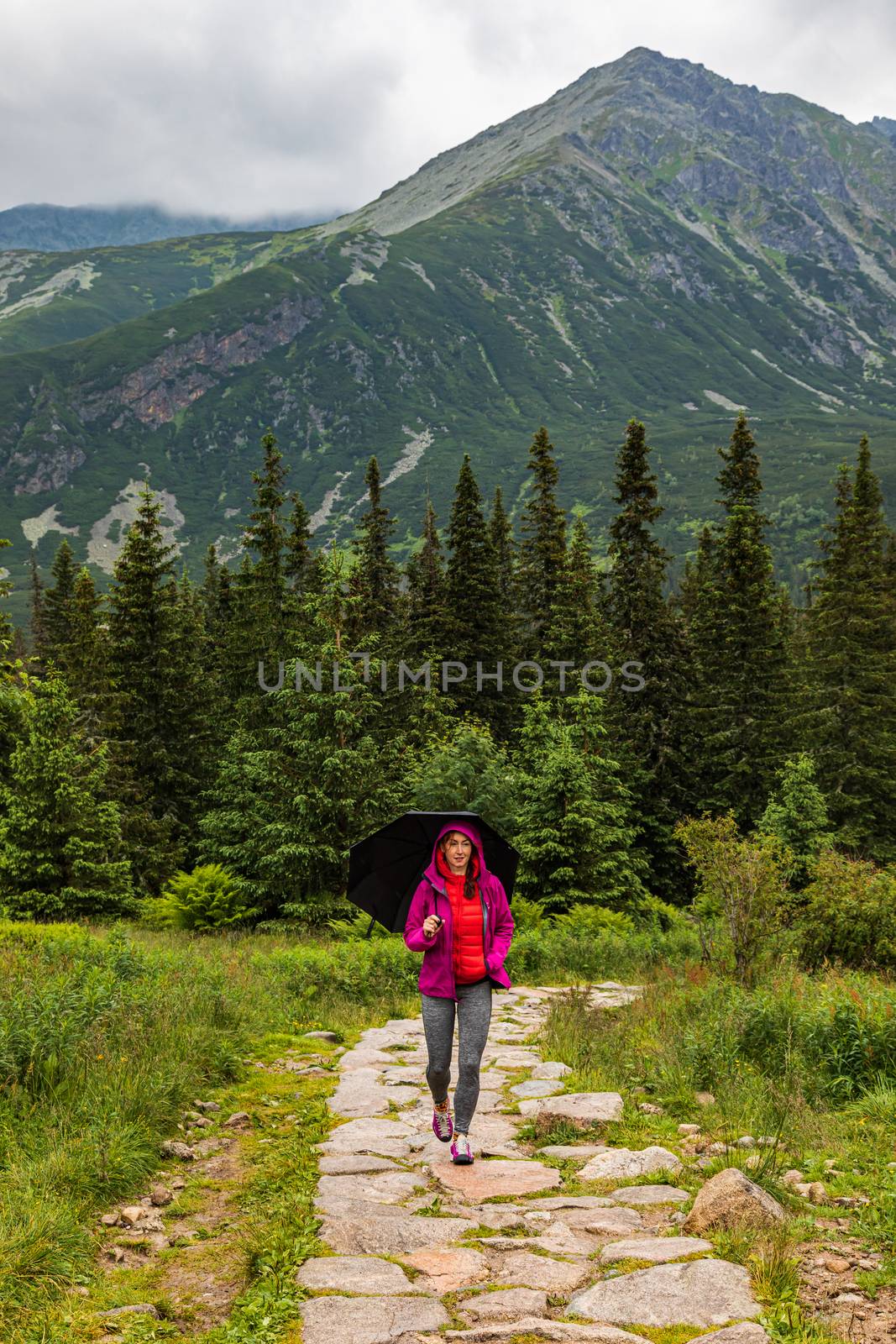 Woman with the umbrella walking up the tourist trail in the rain by mkenwoo