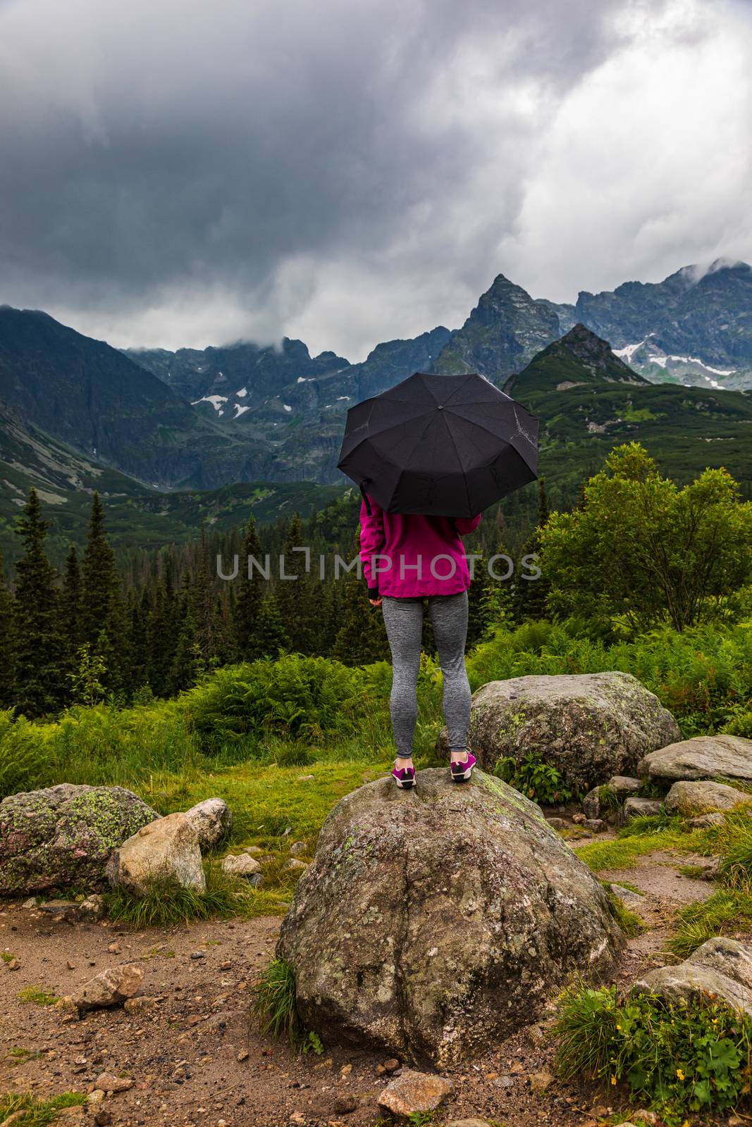 Tourist with the umbrella standing on the stone in the rain in mountain scenery