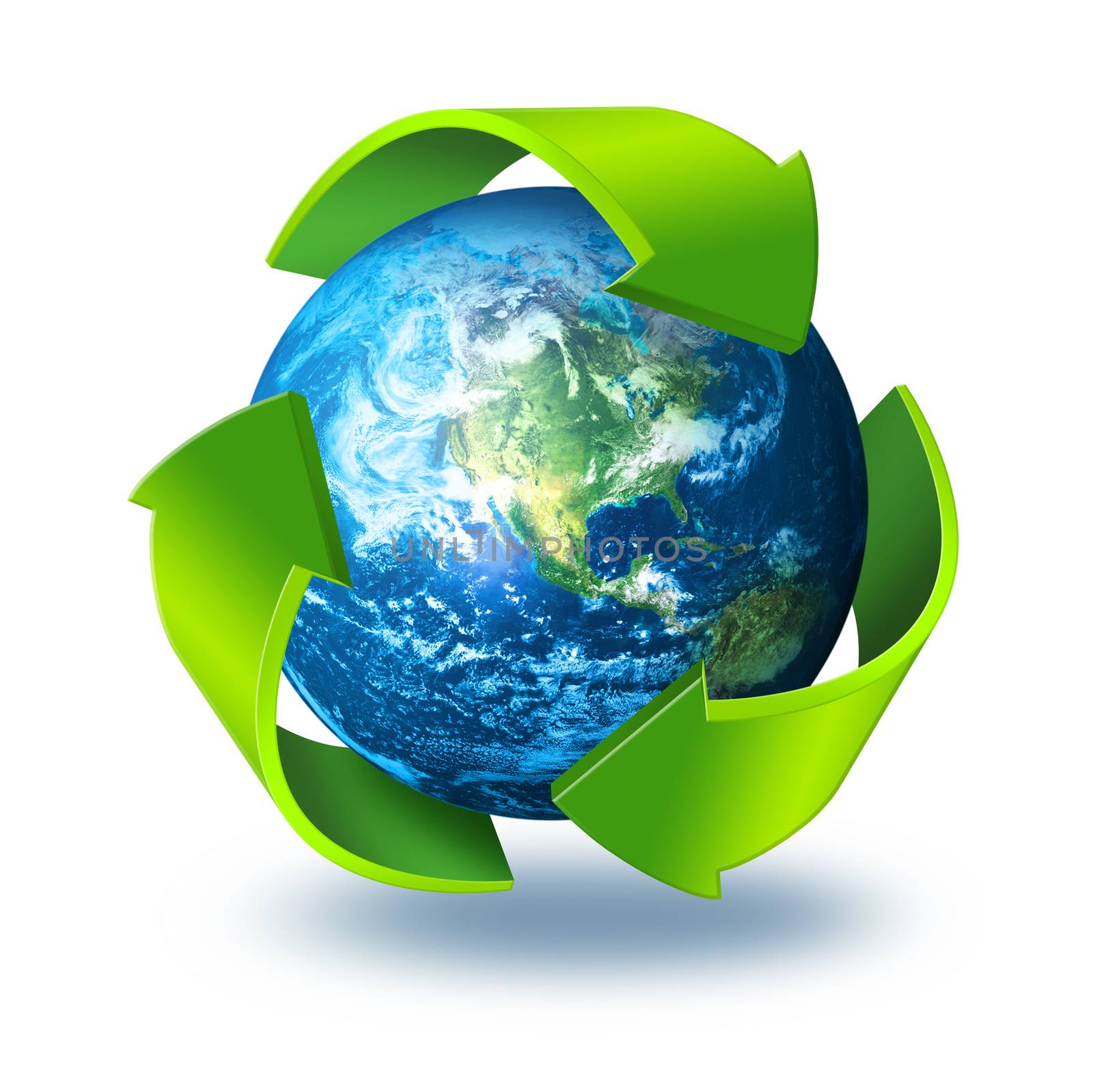 Green arrows symbol around blue planet Earth, recycling concept 3d, isolated on white background