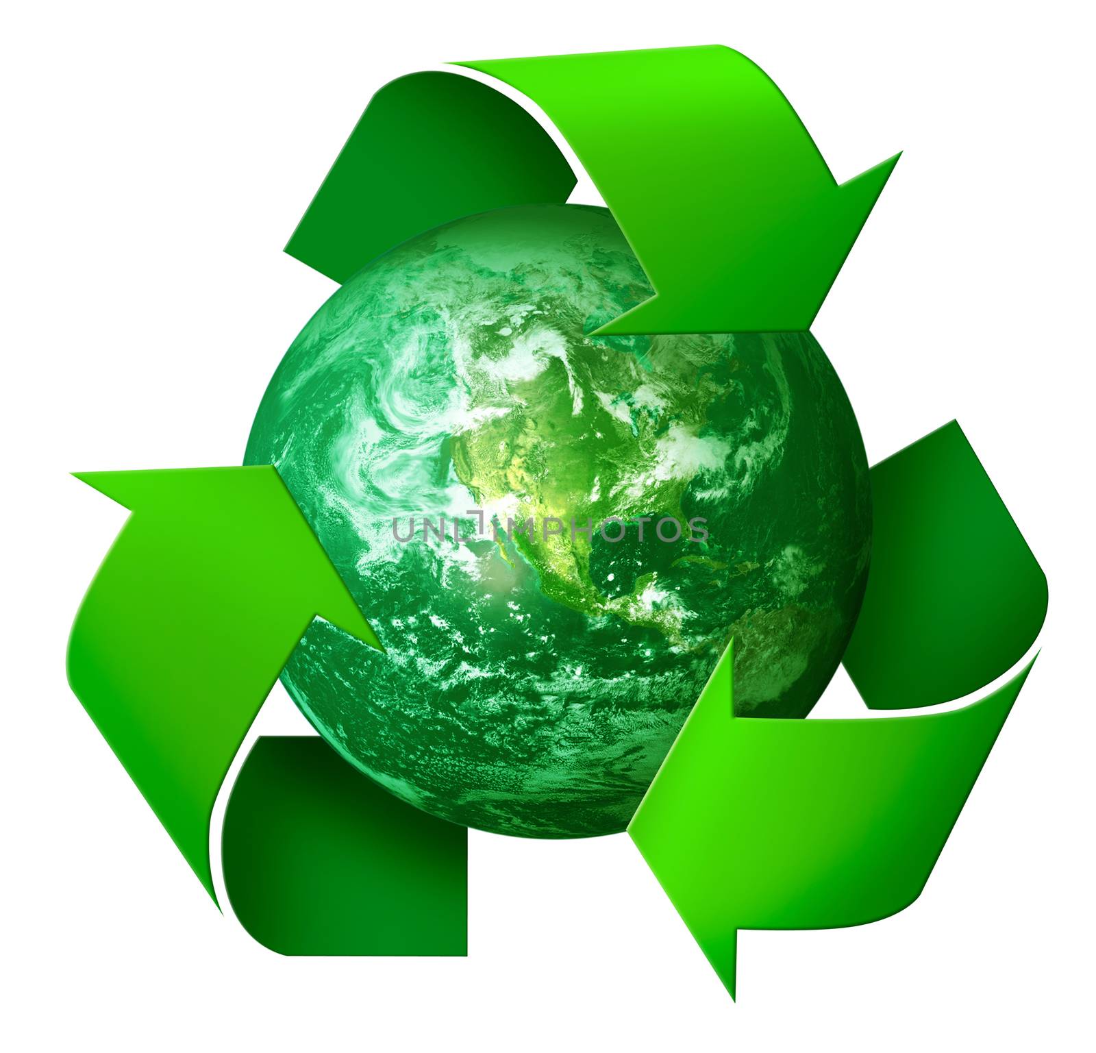 Three arrows symbol around green planet Earth, recycling concept 3d , isolated on white background