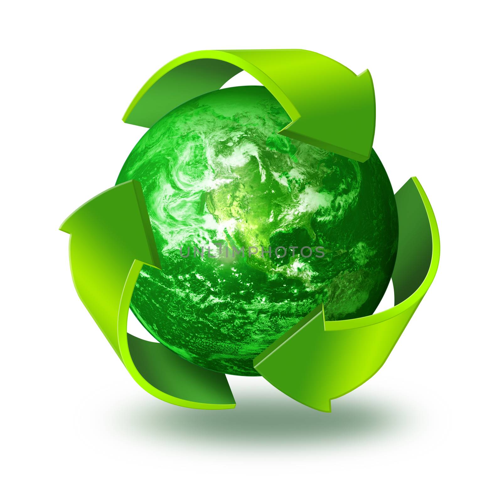 Green arrows around planet Earth Recycling concept 3d symbol by anterovium